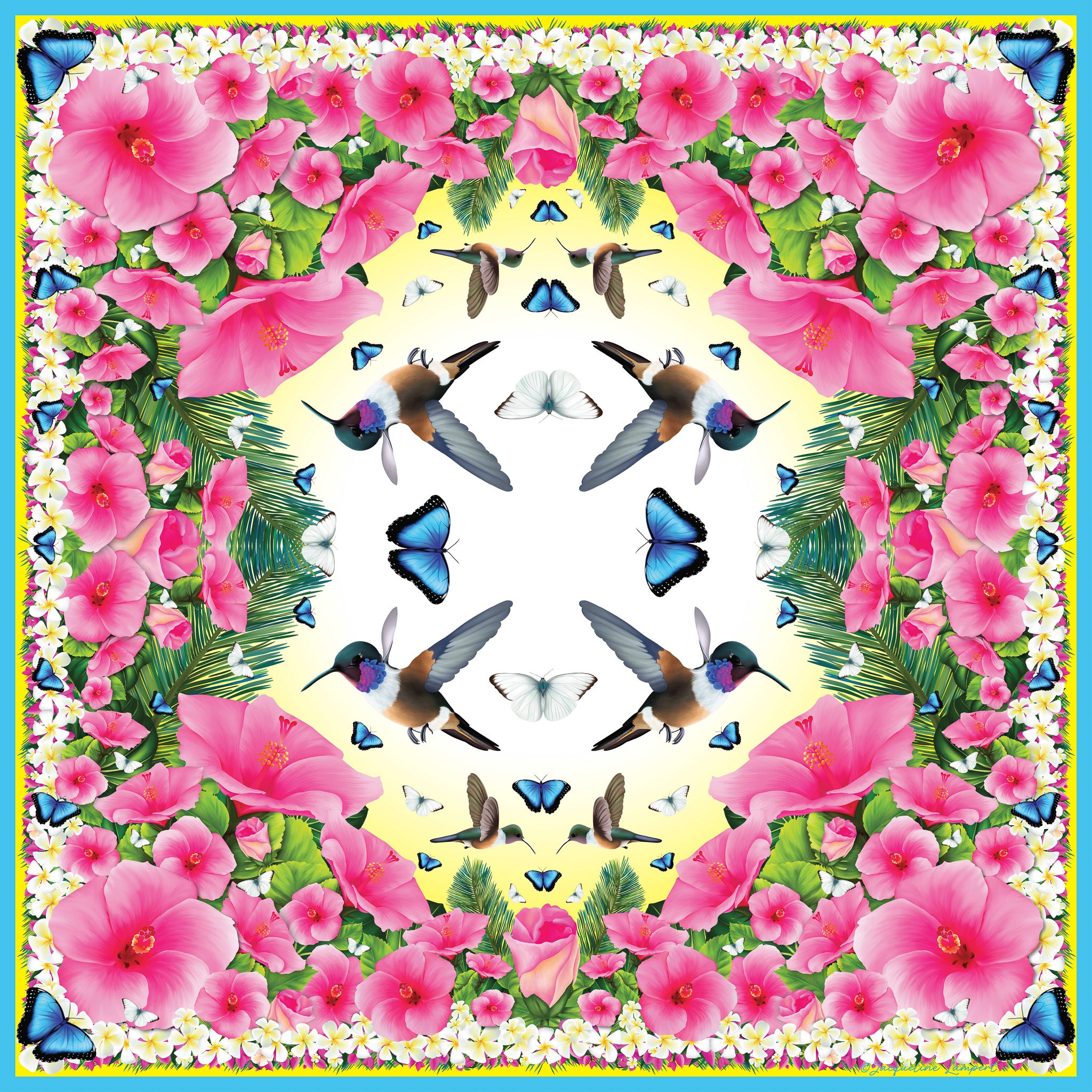 Hummingbirds & Hibiscus - Yellow Grande Silk Scarf