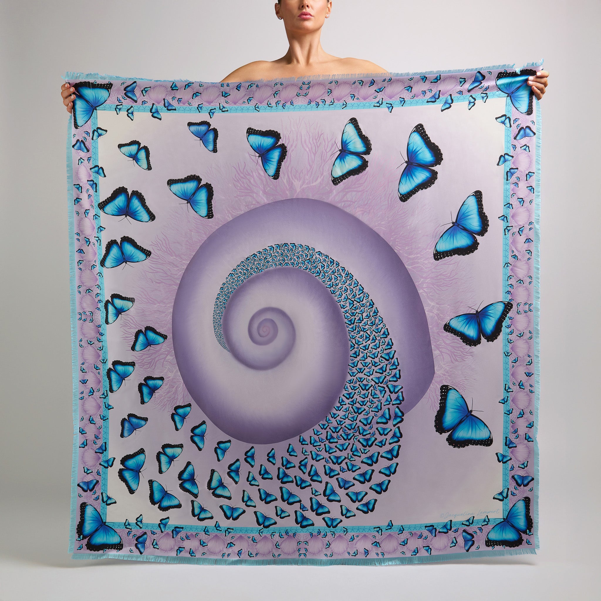 Butterflies and Seashells Silk Grande Scarf in White & Lavender