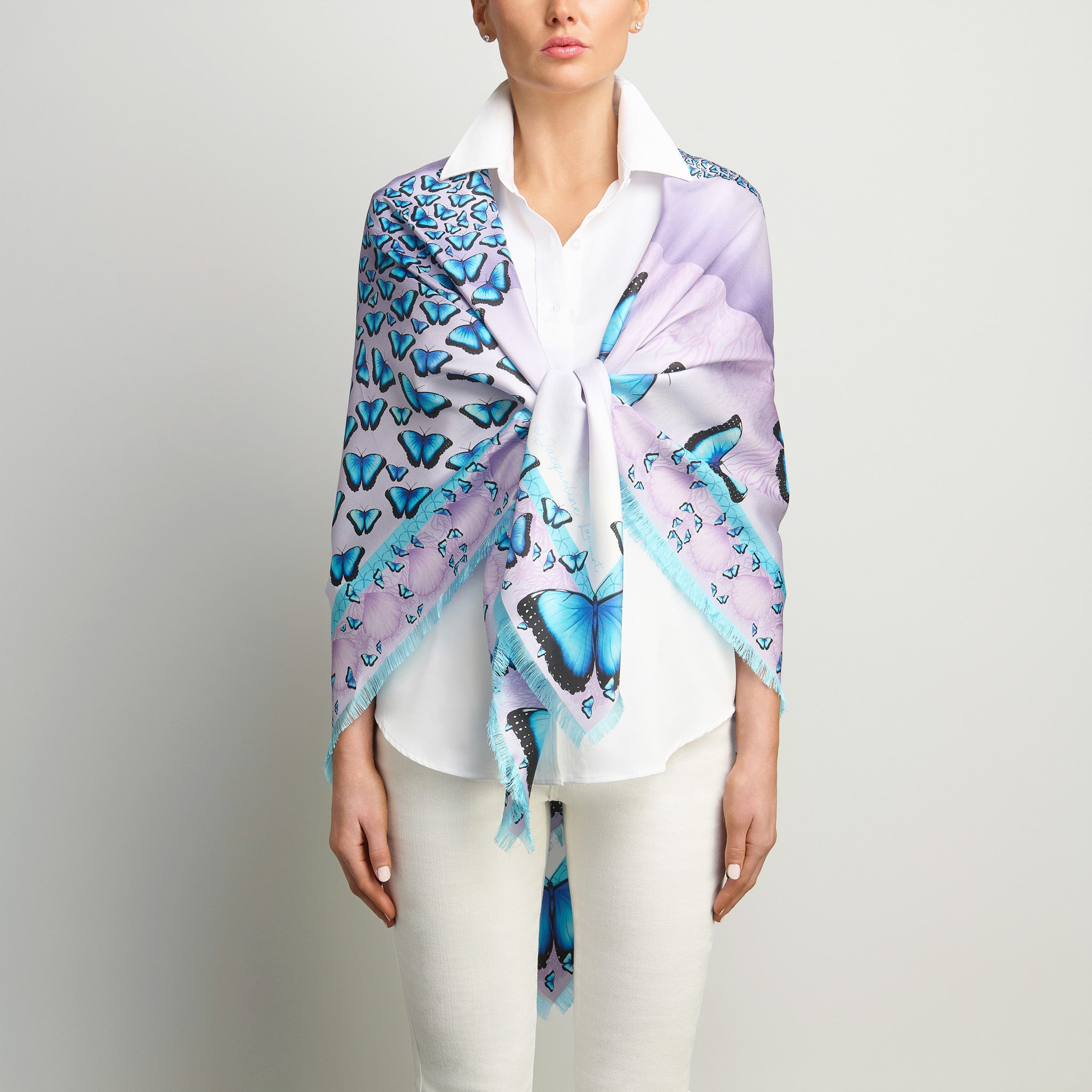 Butterflies and Seashells Silk Grande Scarf in White & Lavender