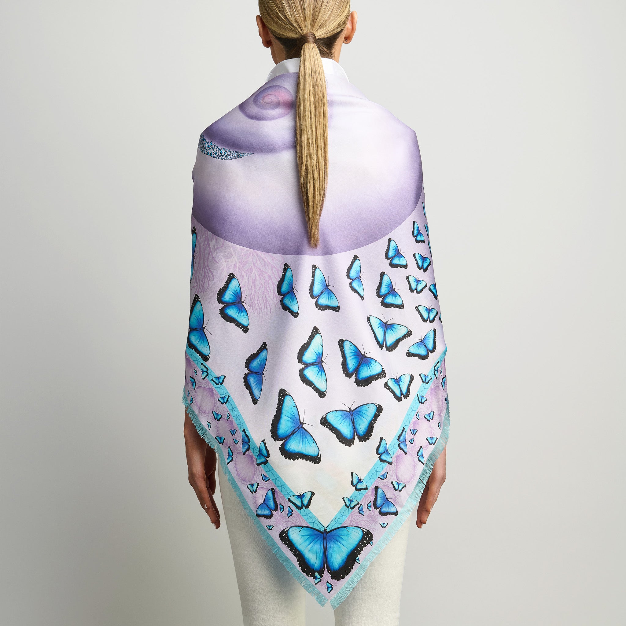 Butterflies and Seashells Silk Grande Scarf in White & Lavender