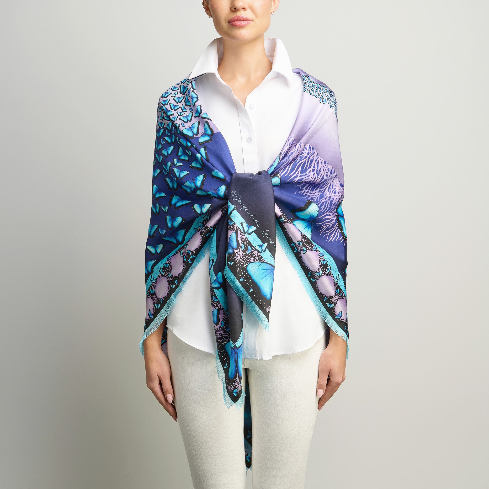 Butterflies and Seashells Silk Grande Scarf in Midnight Blue