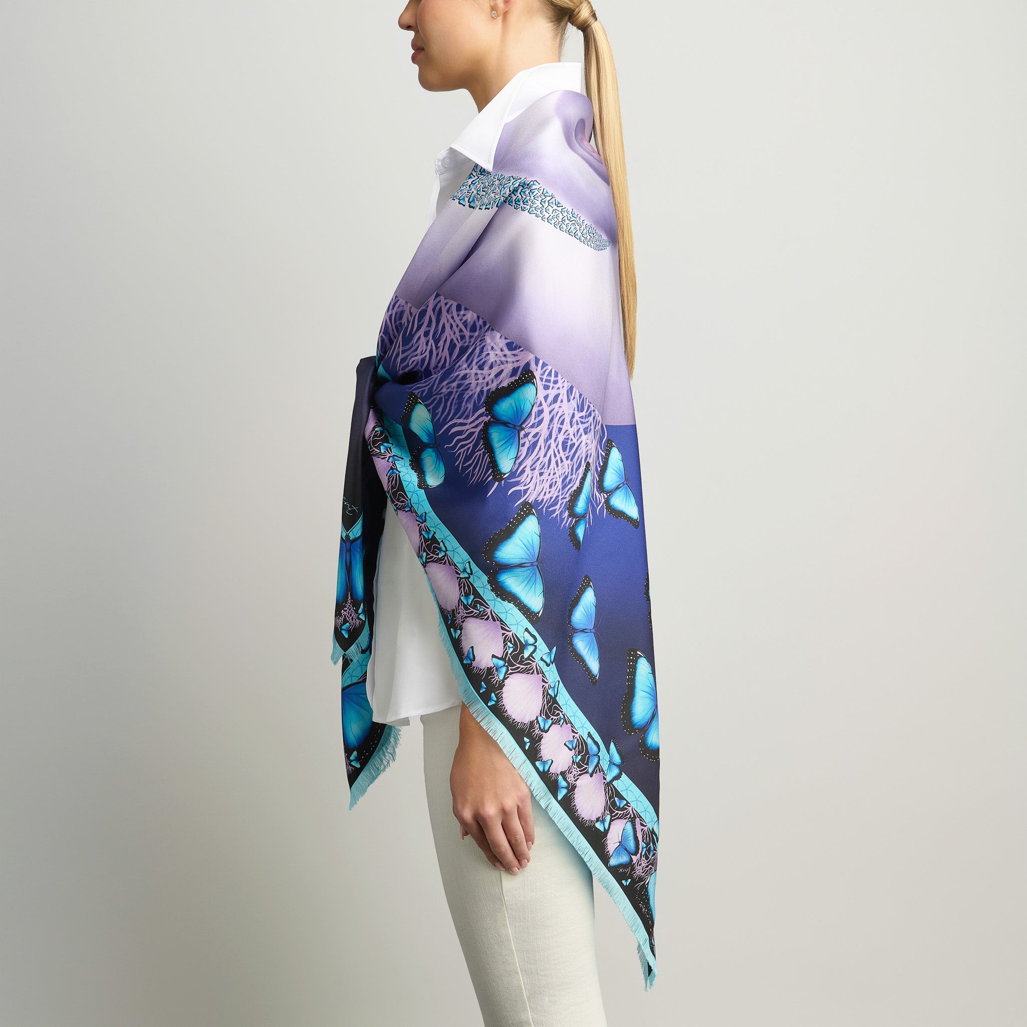Butterflies and Seashells Silk Grande Scarf in Midnight Blue