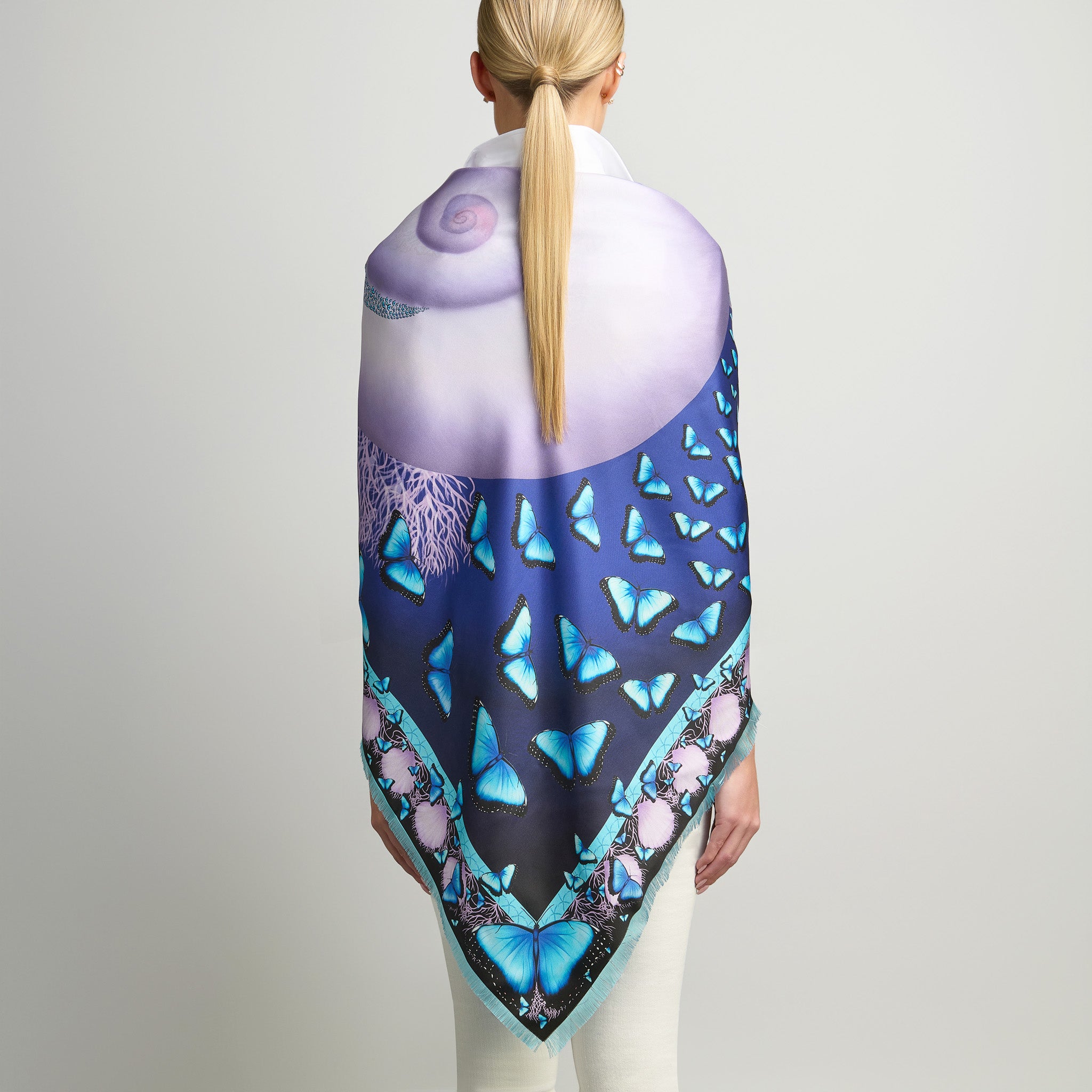 Butterflies and Seashells Silk Grande Scarf in Midnight Blue