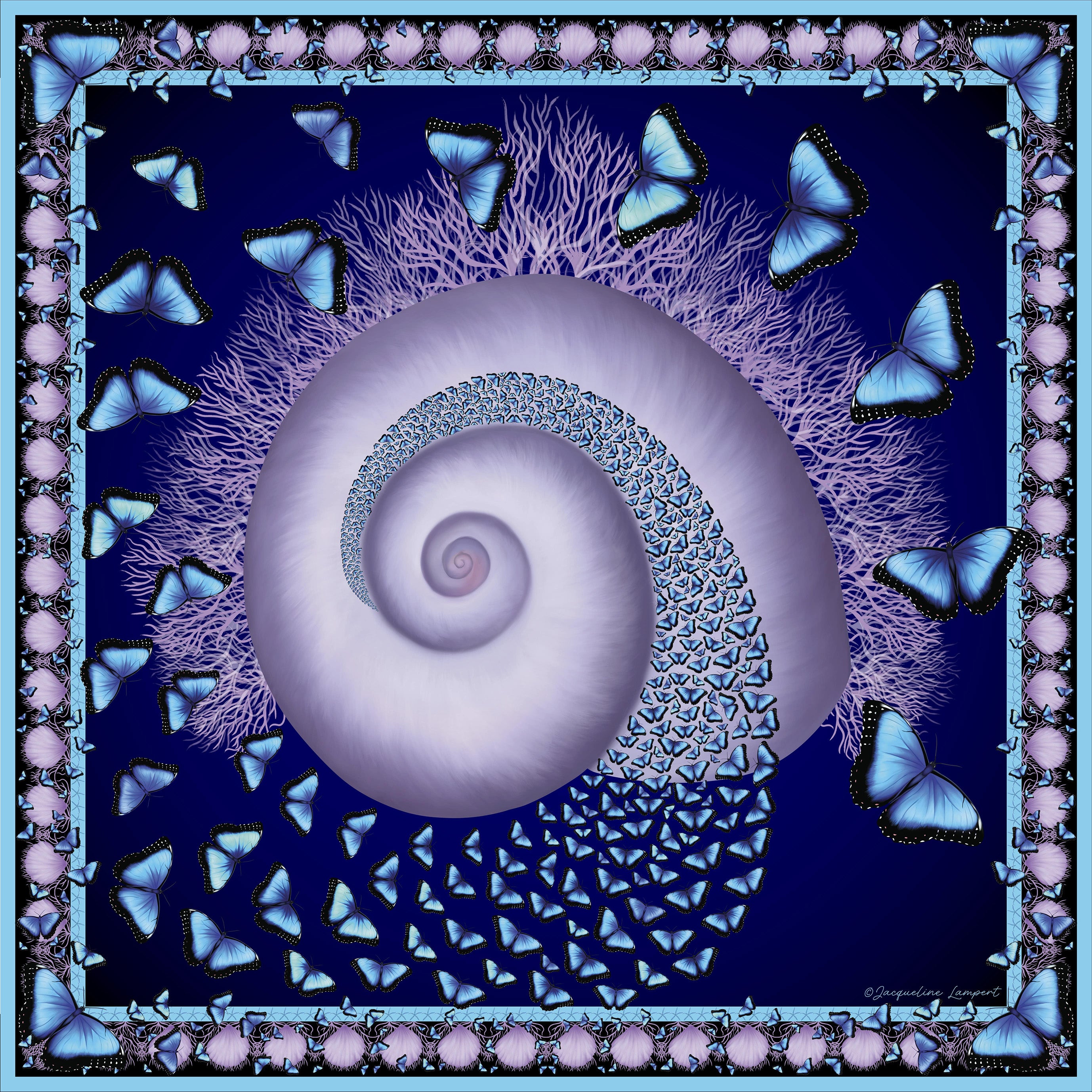 Butterflies and Seashells Silk Grande Scarf in Midnight Blue