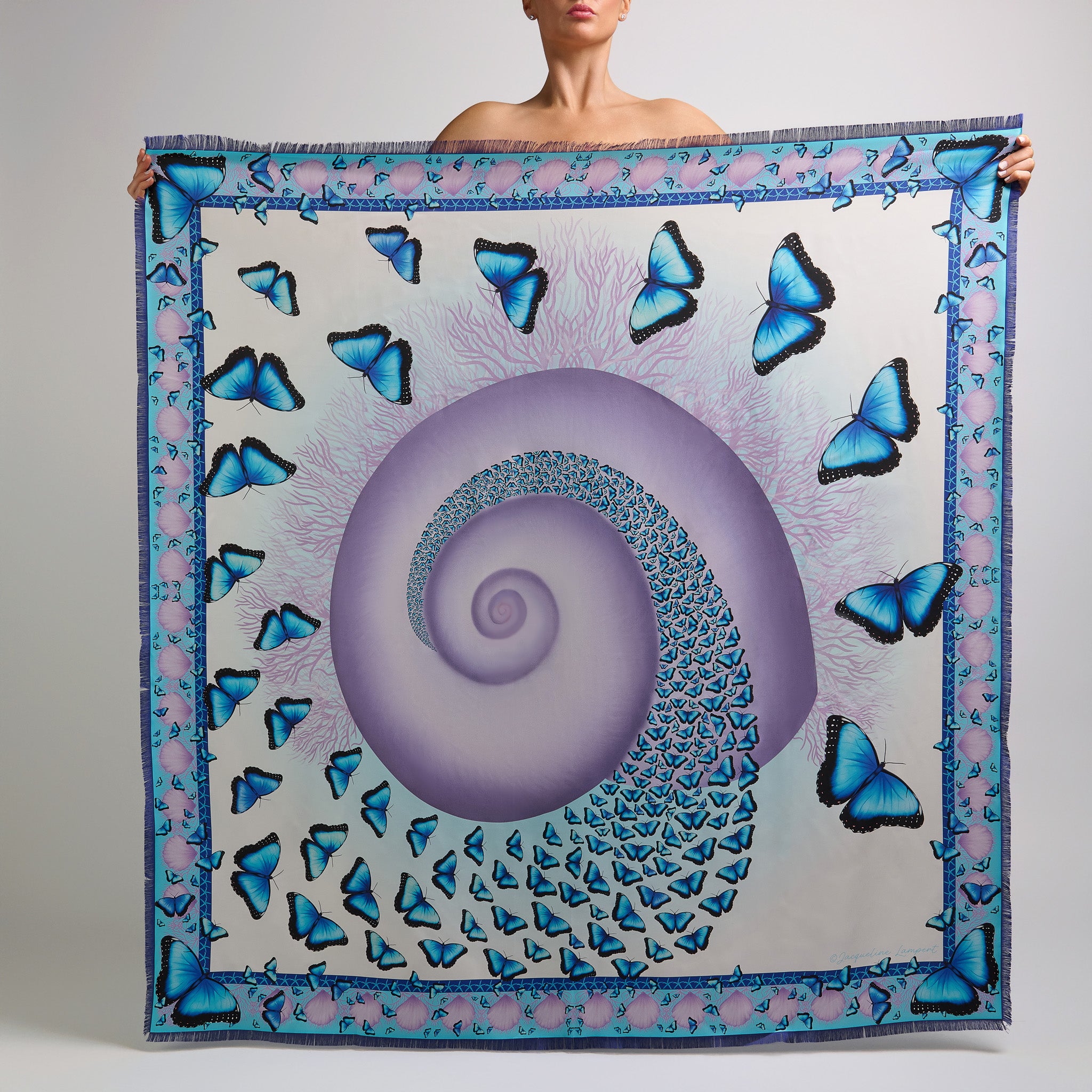 White and turquoise silk grande scarf with blue morpho butterflies, Janthina shell artwork, coral fans, and lionÕs paw shell border.