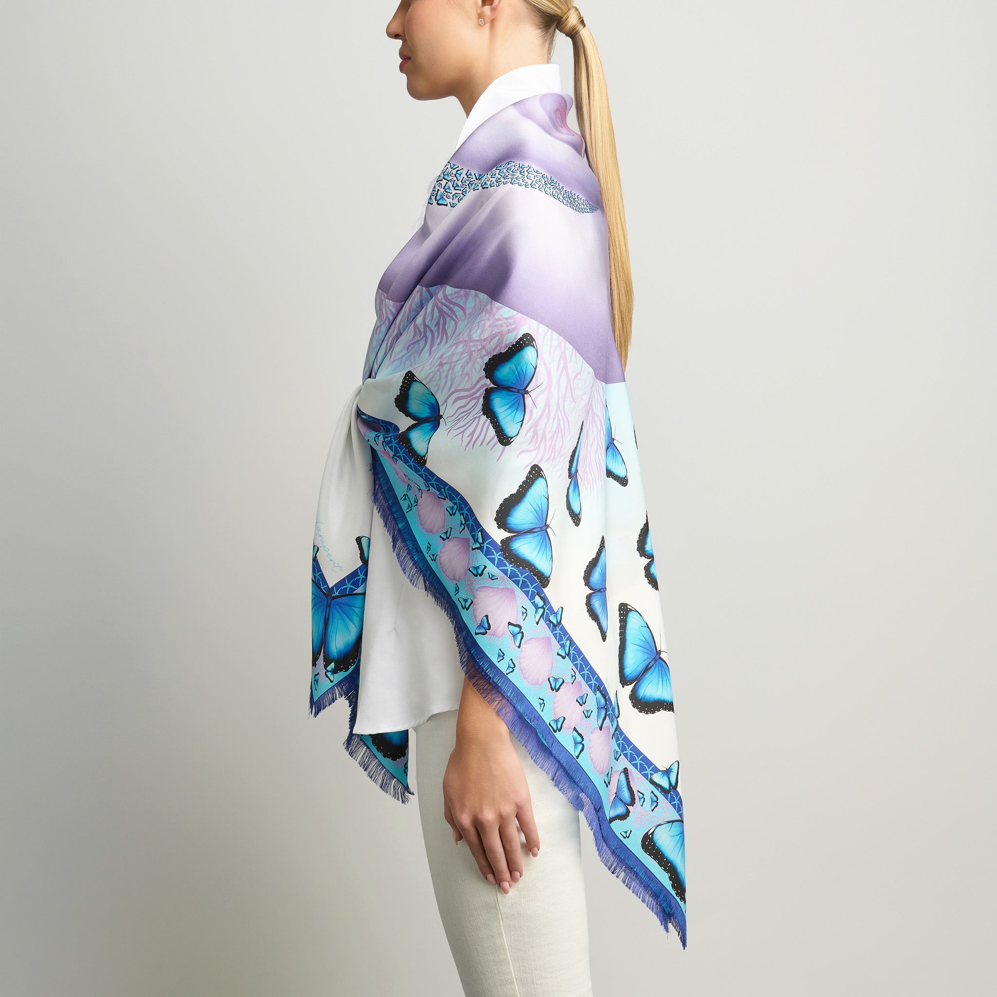 Butterflies and Seashells Silk Grande Scarf in White & Turquoise