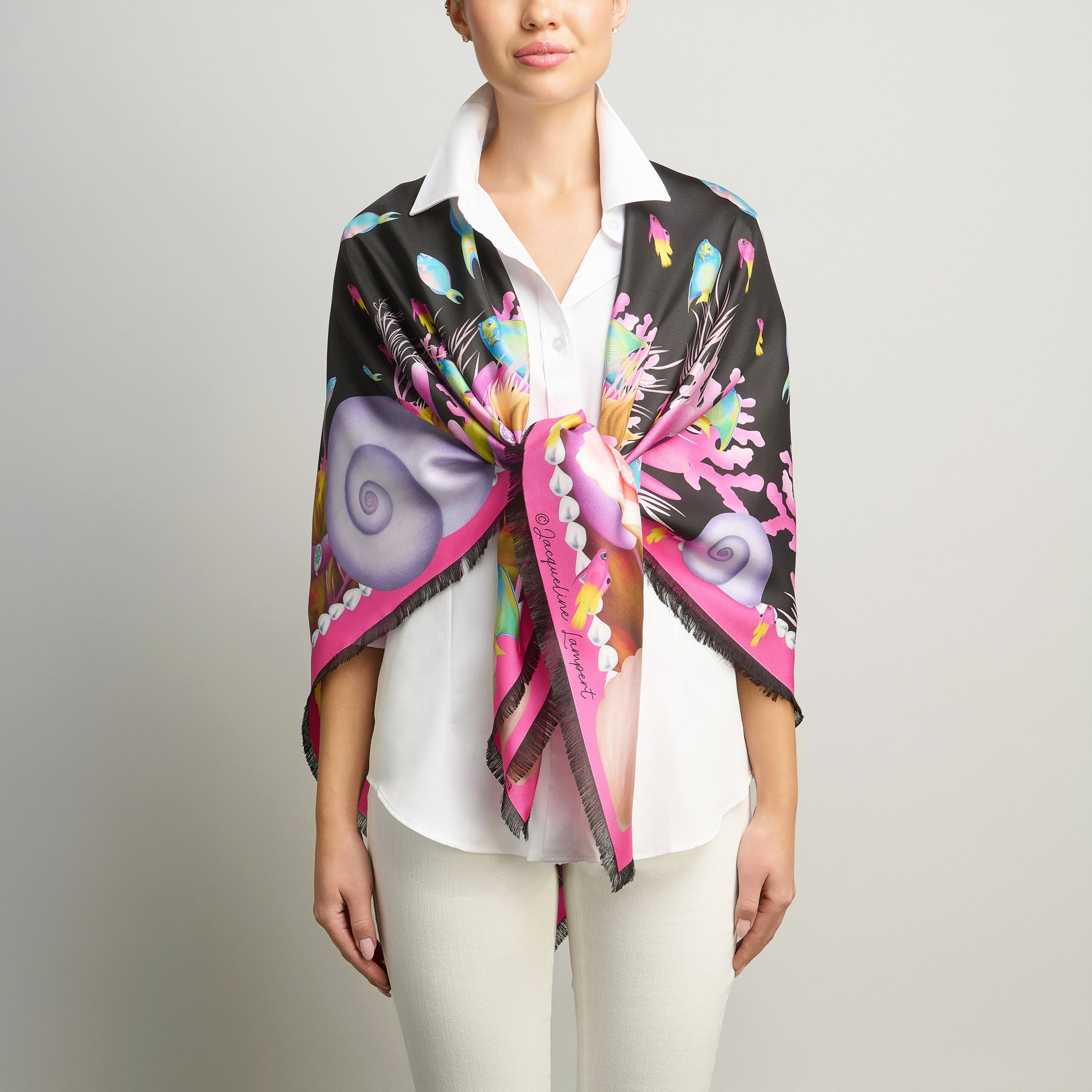 Caribbean Marine Treasures Silk Grande Scarf in Black