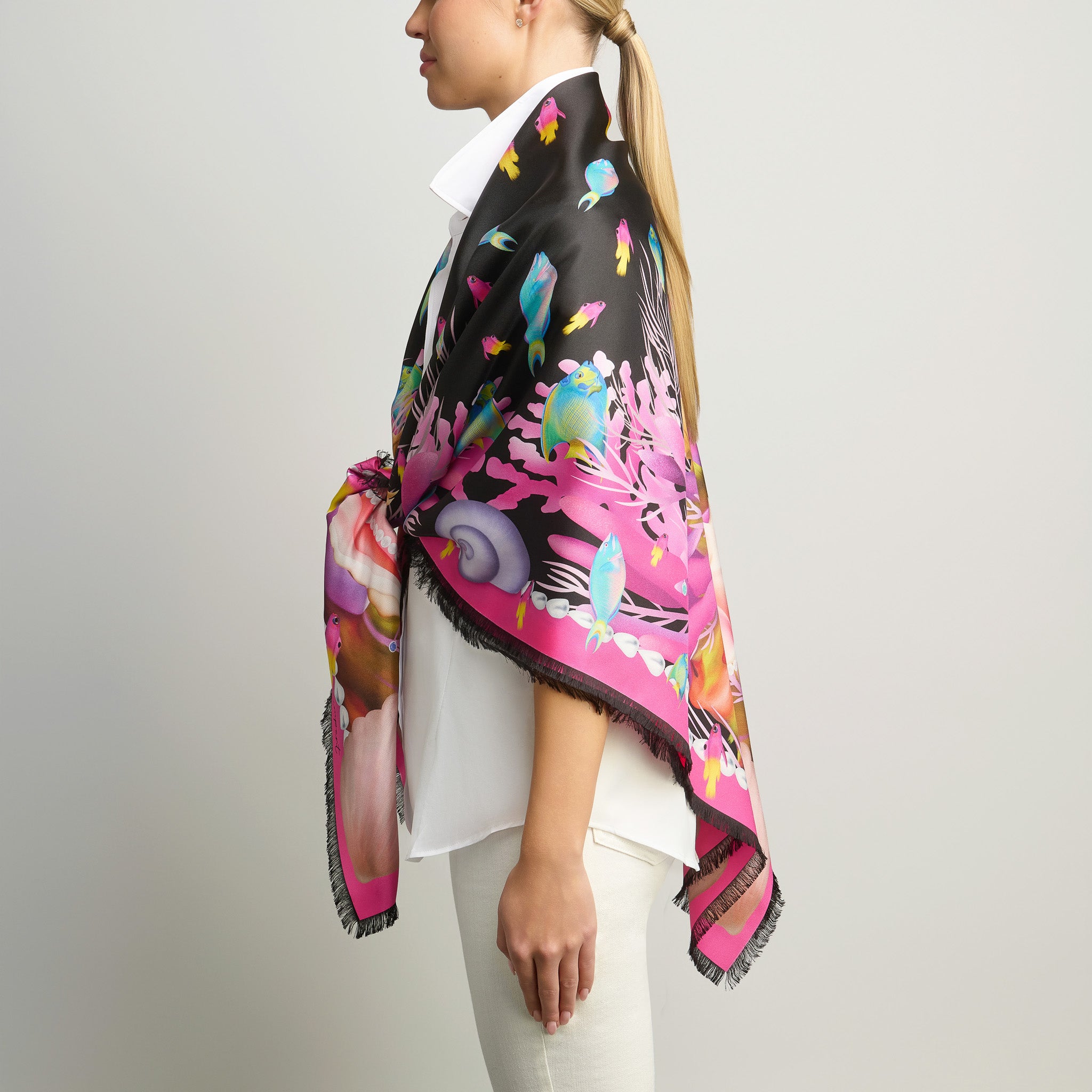 Caribbean Marine Treasures Silk Grande Scarf in Black