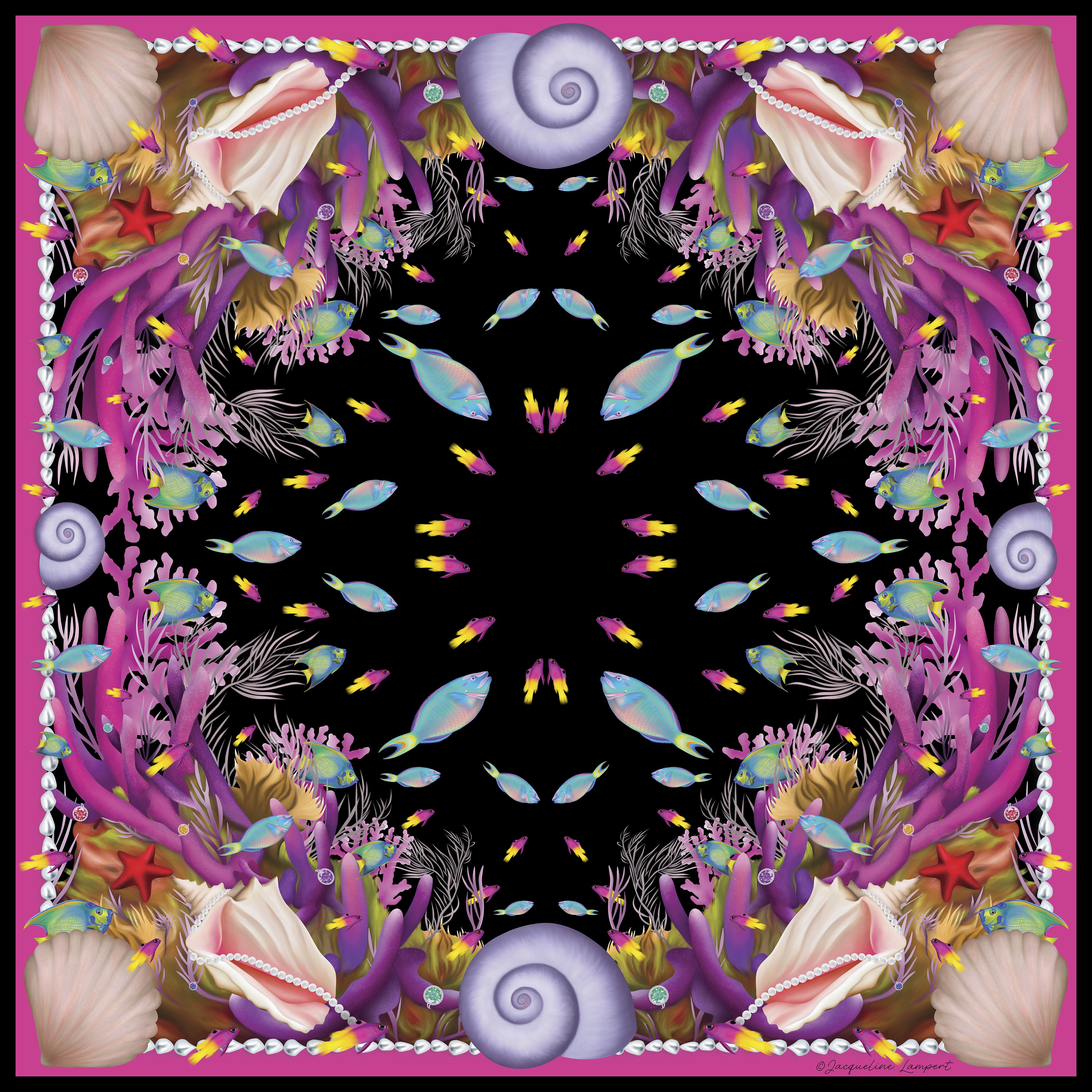 Caribbean Marine Treasures Silk Grande Scarf in Black
