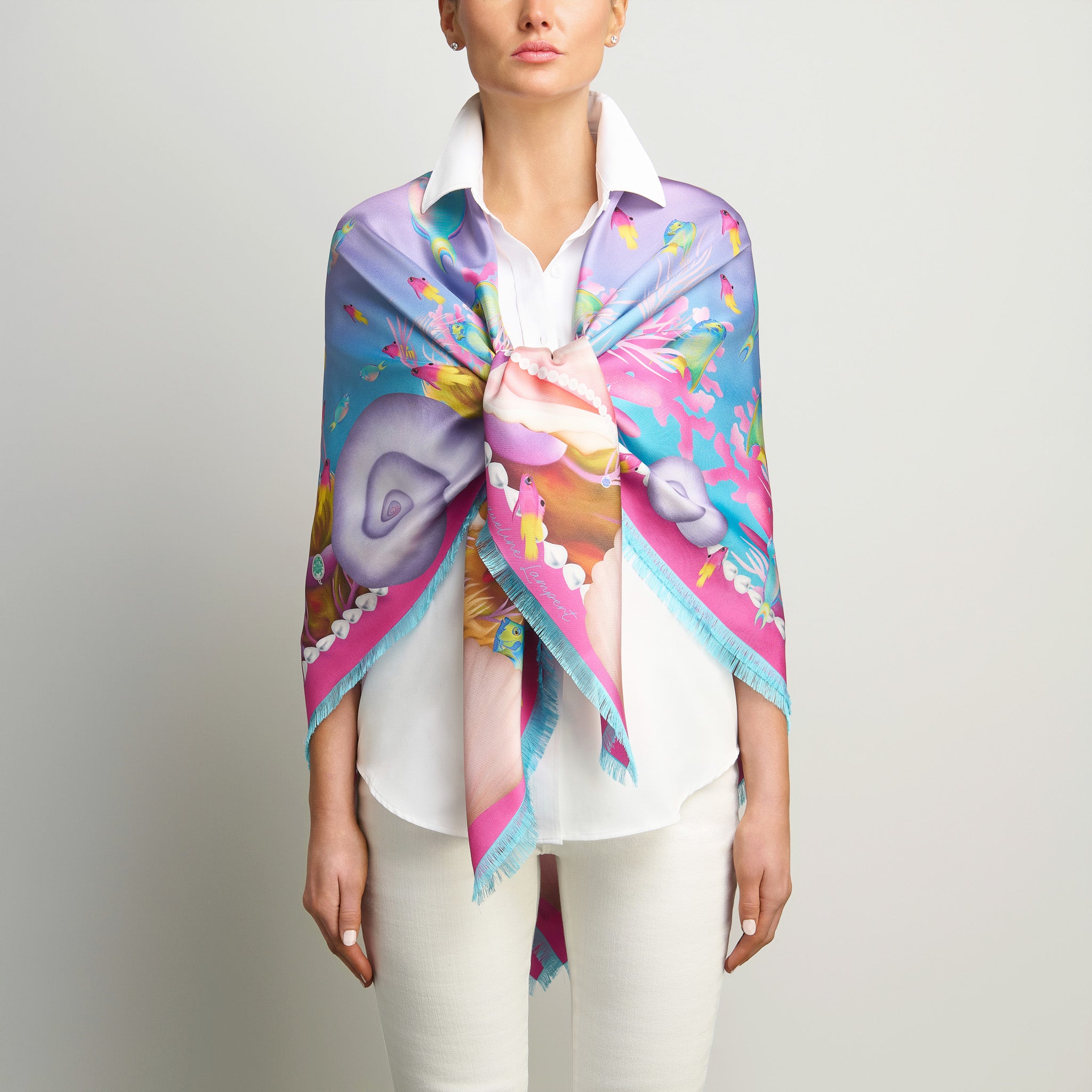 Caribbean Marine Treasures Silk Grande Scarf in Turquoise