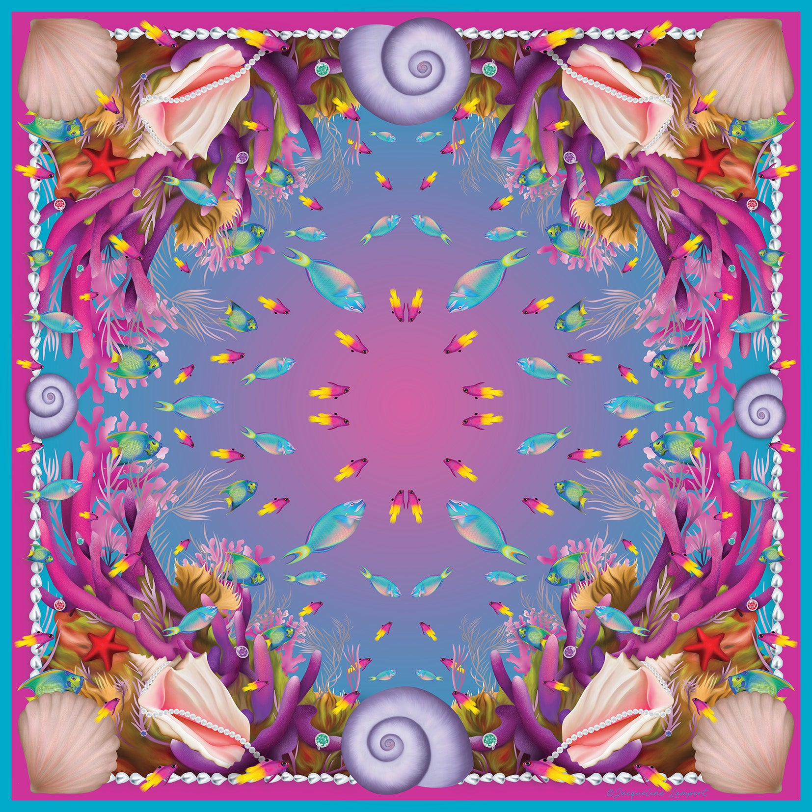 Caribbean Marine Treasures Silk Grande Scarf in Turquoise