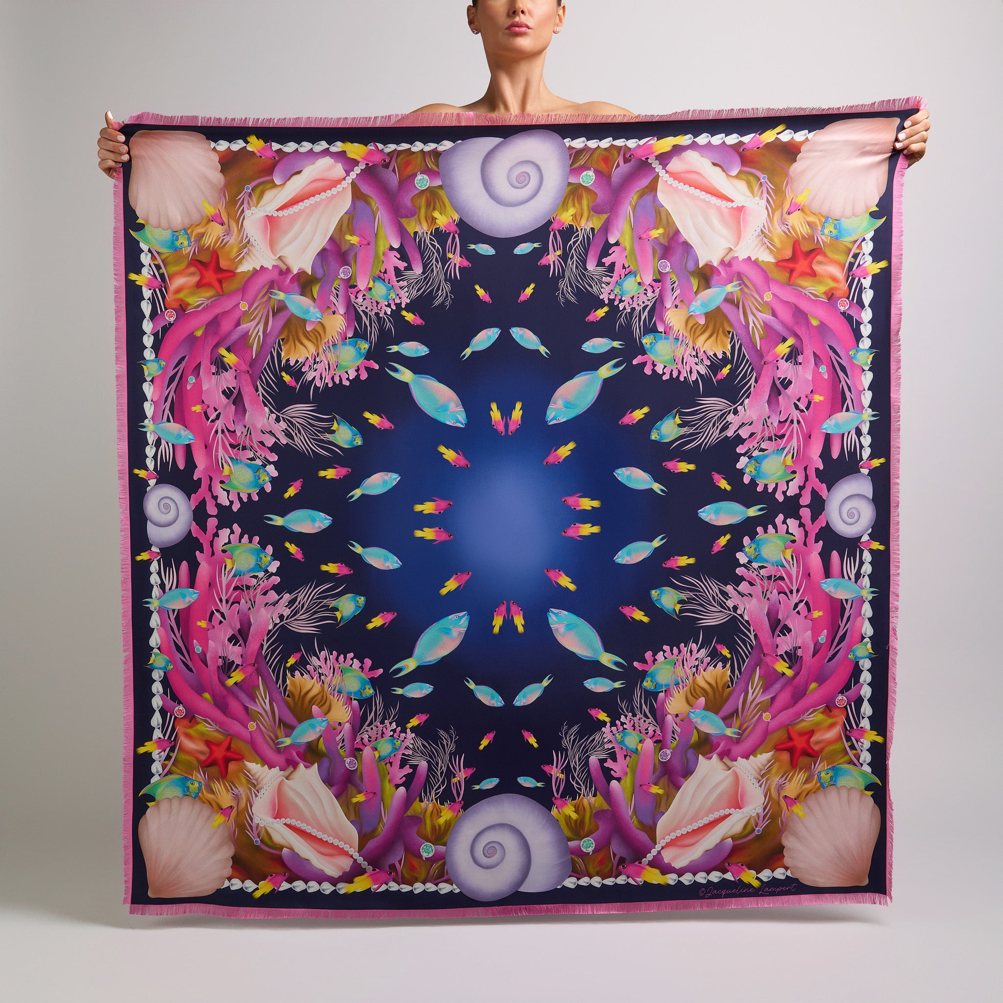 Midnight blue luxury silk scarf with hand-drawn Caribbean reef fish, coral, shells, and baroque pearl border artwork.