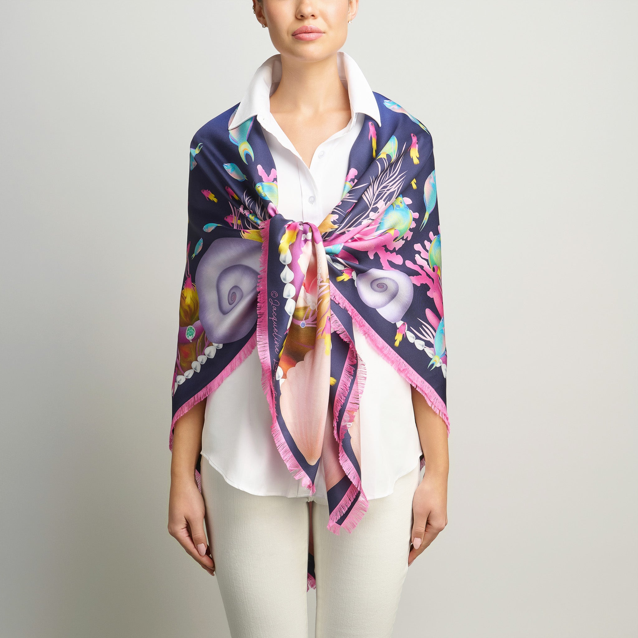 Caribbean Marine Treasures Silk Grande Scarf in Midnight Blue