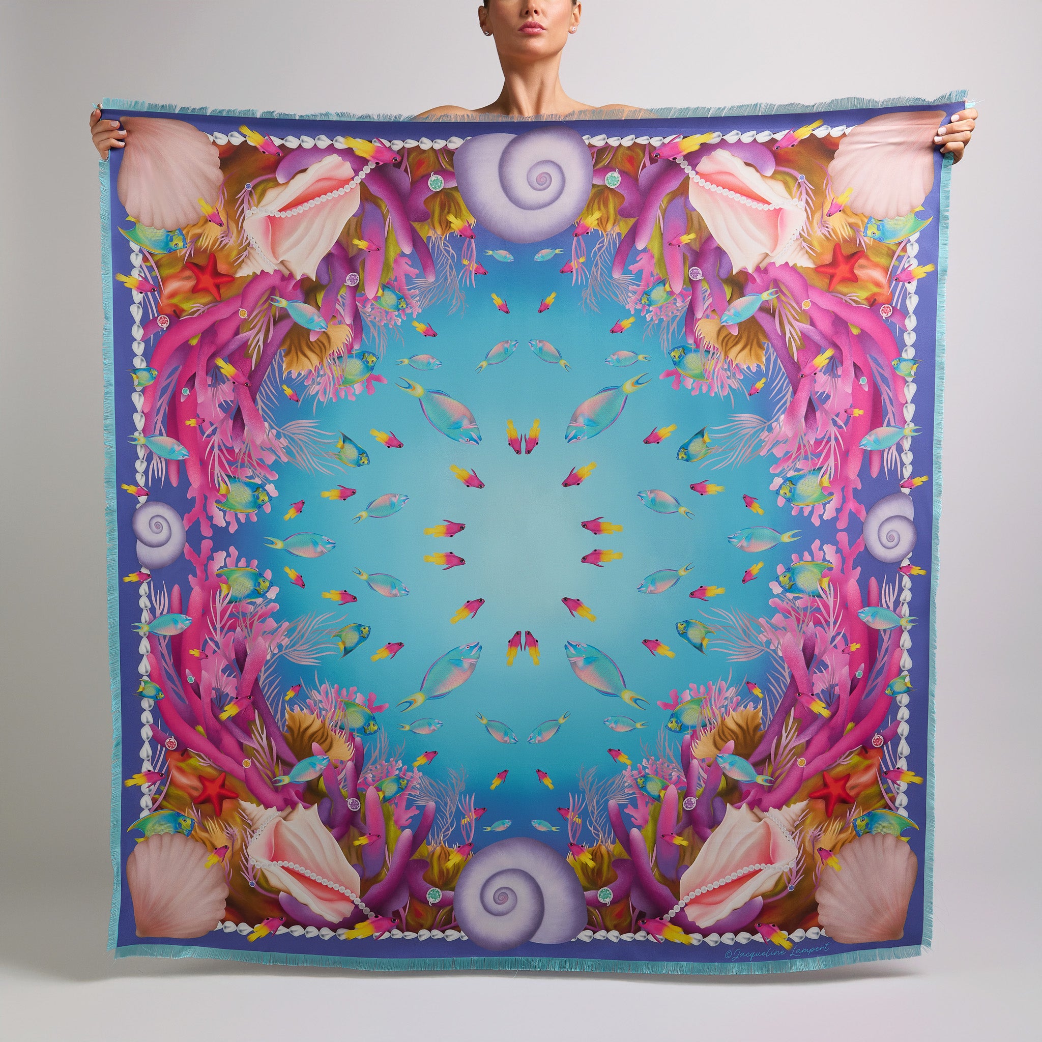 Turquoise purple oversized silk scarf inspired by Caribbean marine treasures with tropical fish, coral reefs, shells, and pearls.