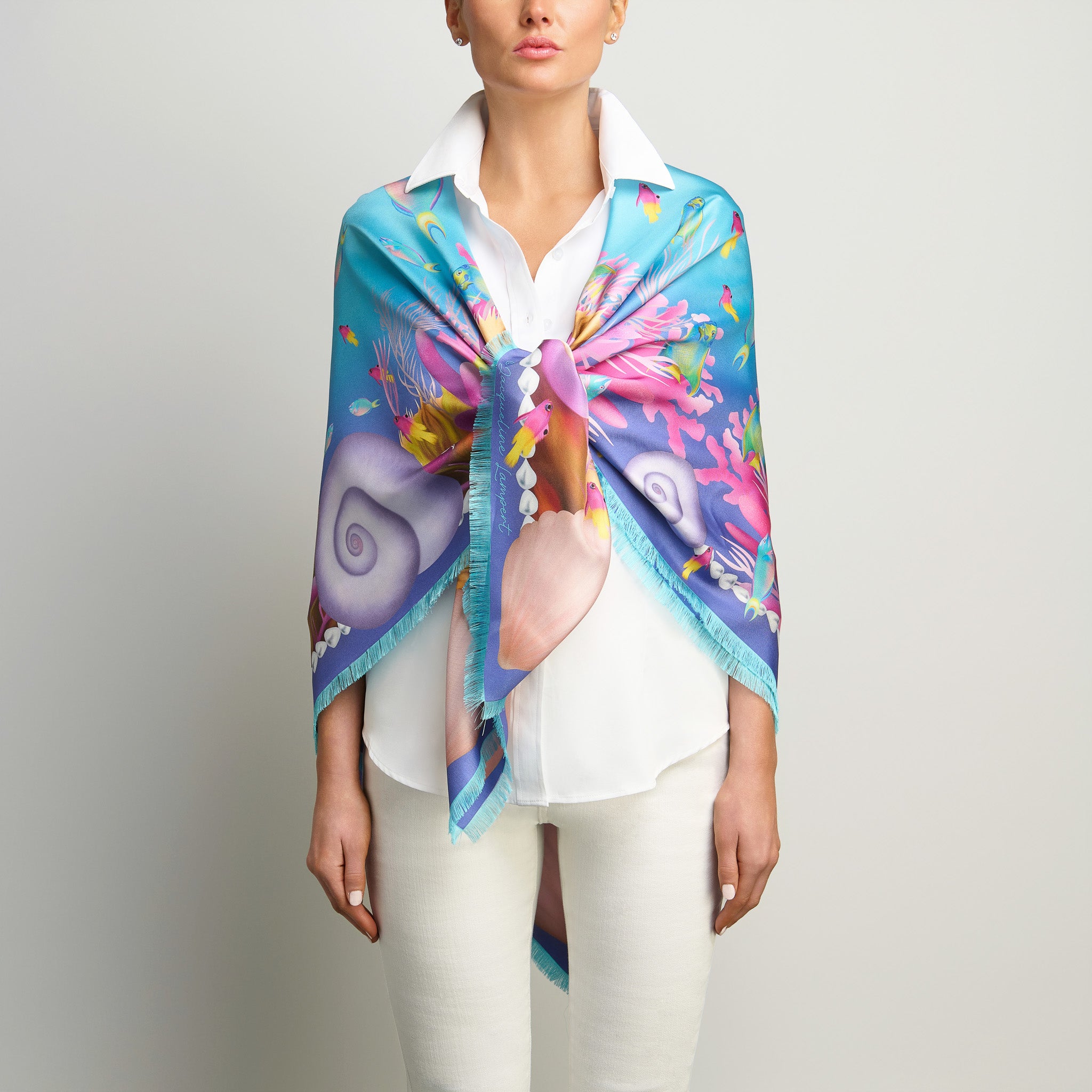Caribbean Marine Treasures Silk Grande Scarf in Purple and Turquoise