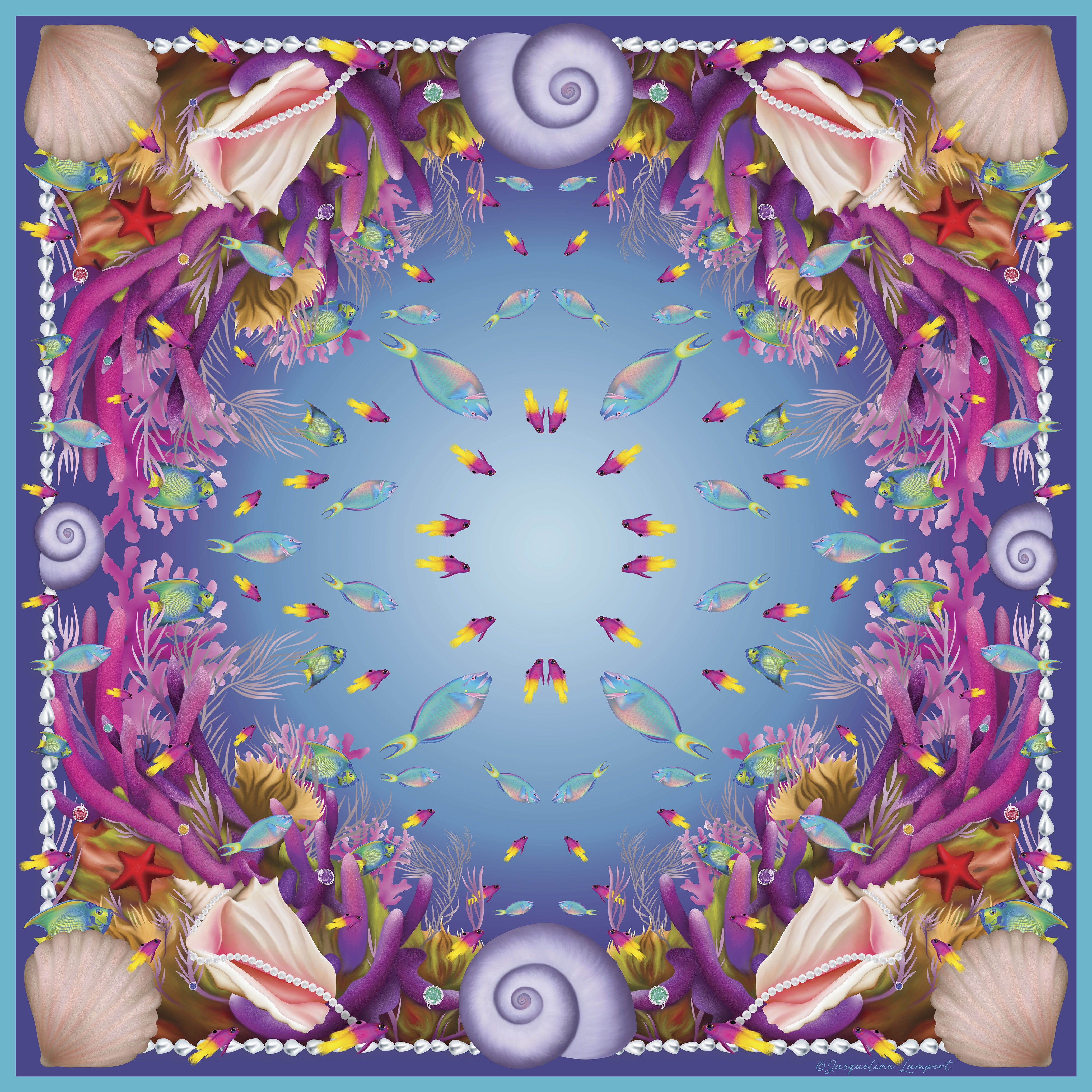 Caribbean Marine Treasures Silk Grande Scarf in Purple and Turquoise