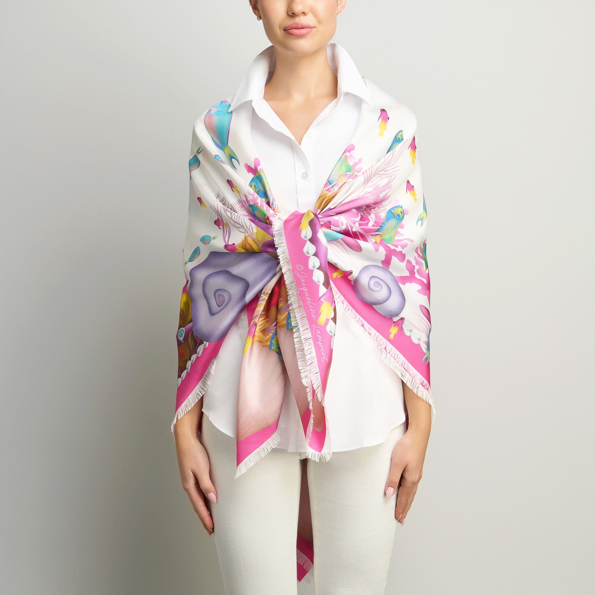 Caribbean Marine Treasures Silk Grande Scarf in White
