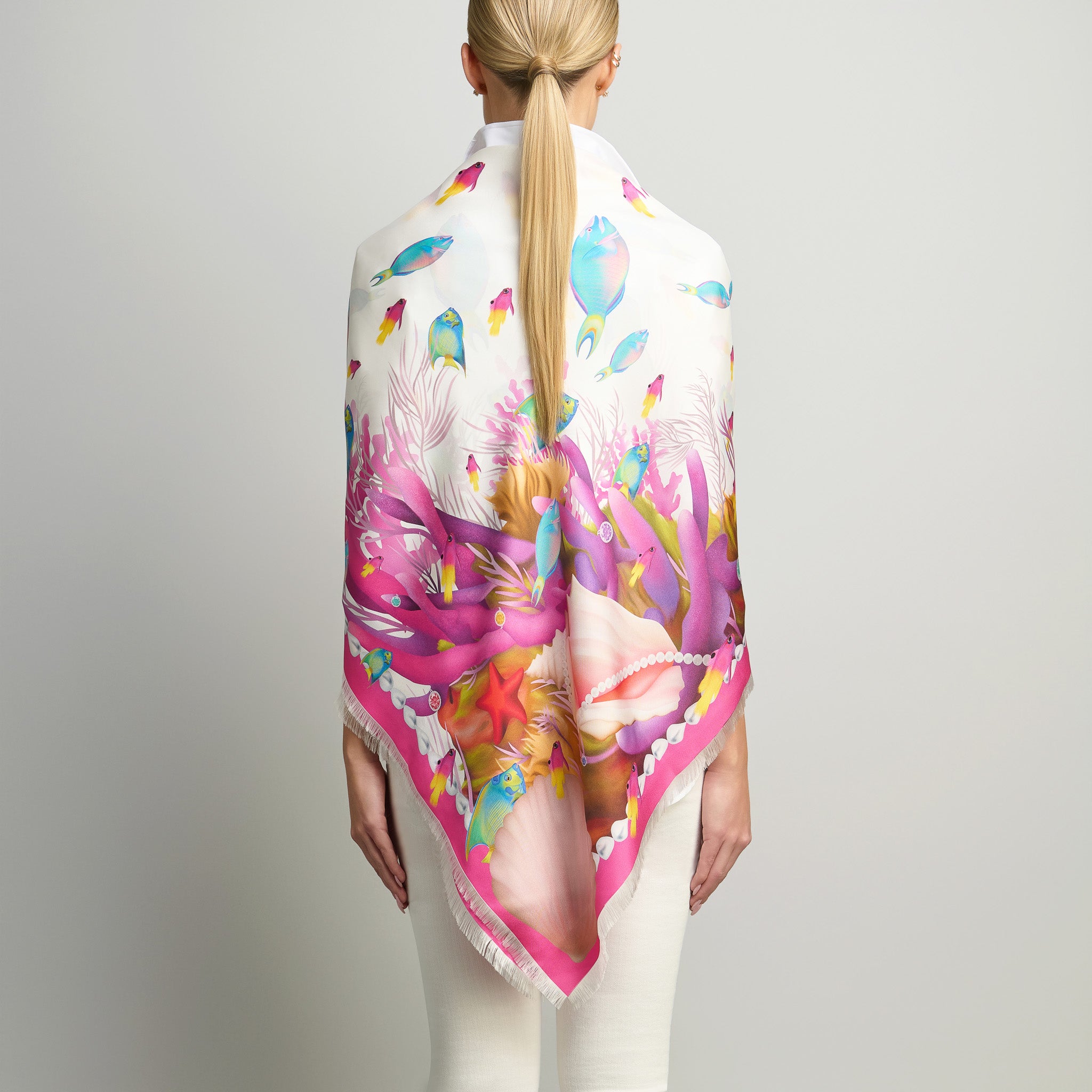 Caribbean Marine Treasures Silk Grande Scarf in White