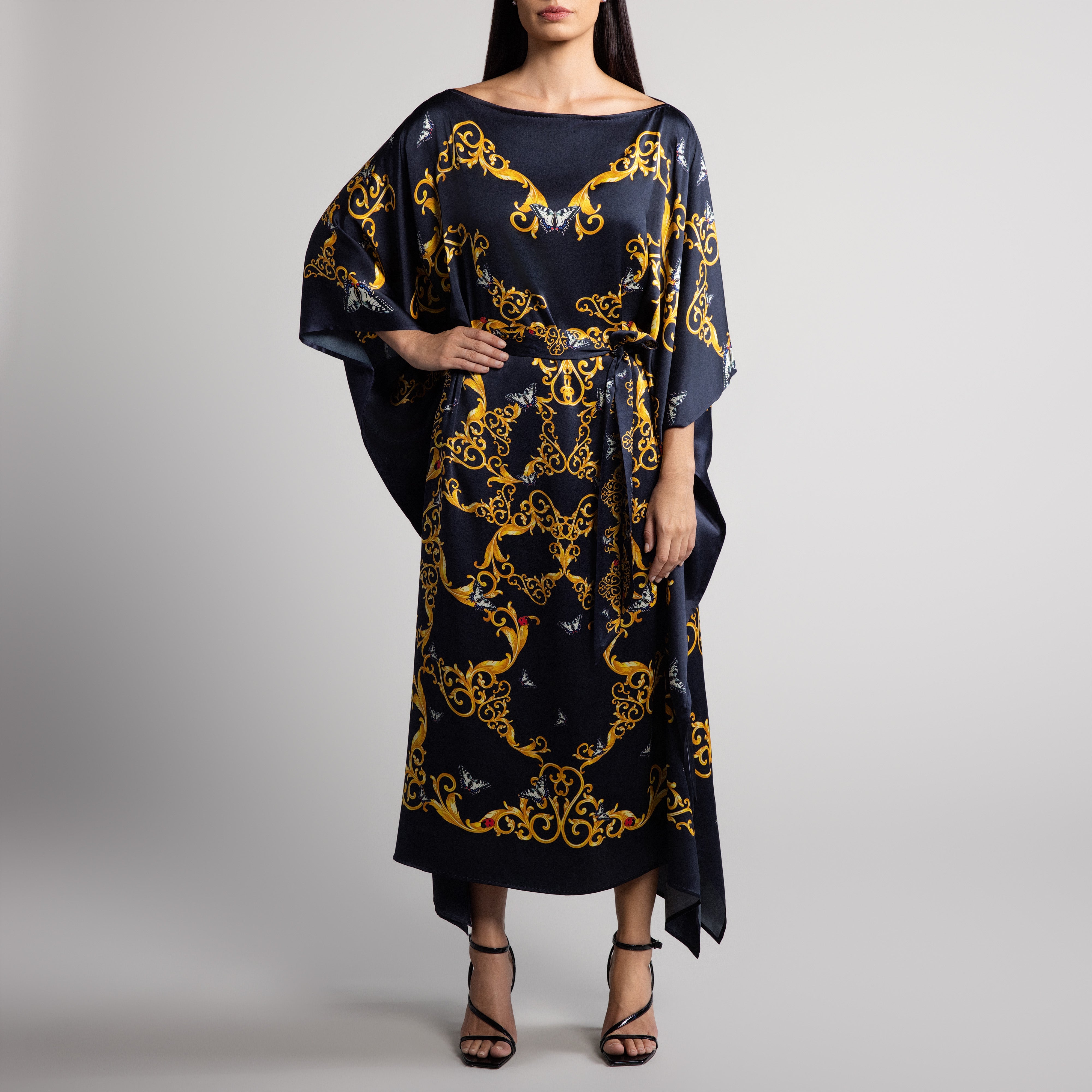 Baroque & Butterfly Silk Caftan in Black