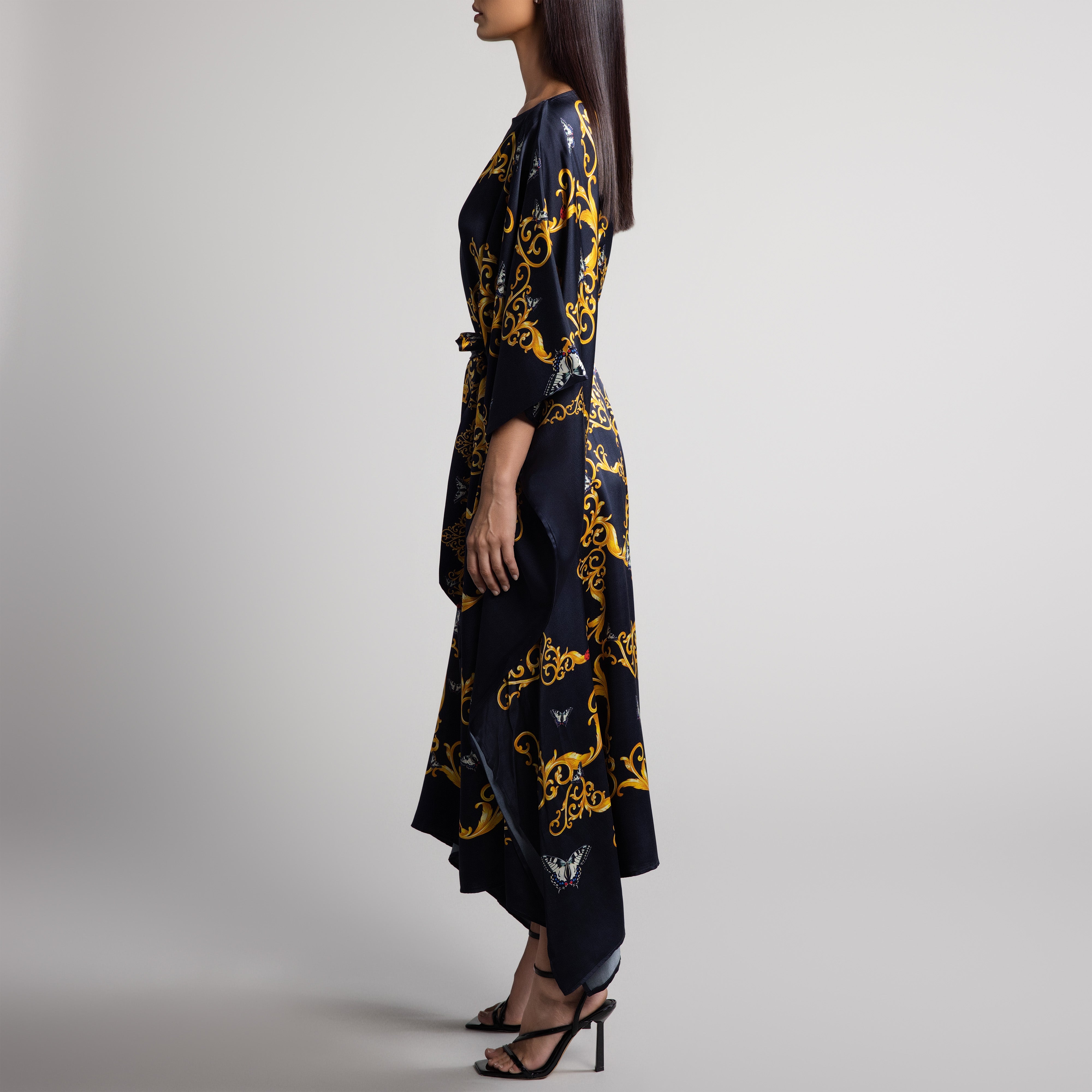 Baroque & Butterfly Silk Caftan in Black