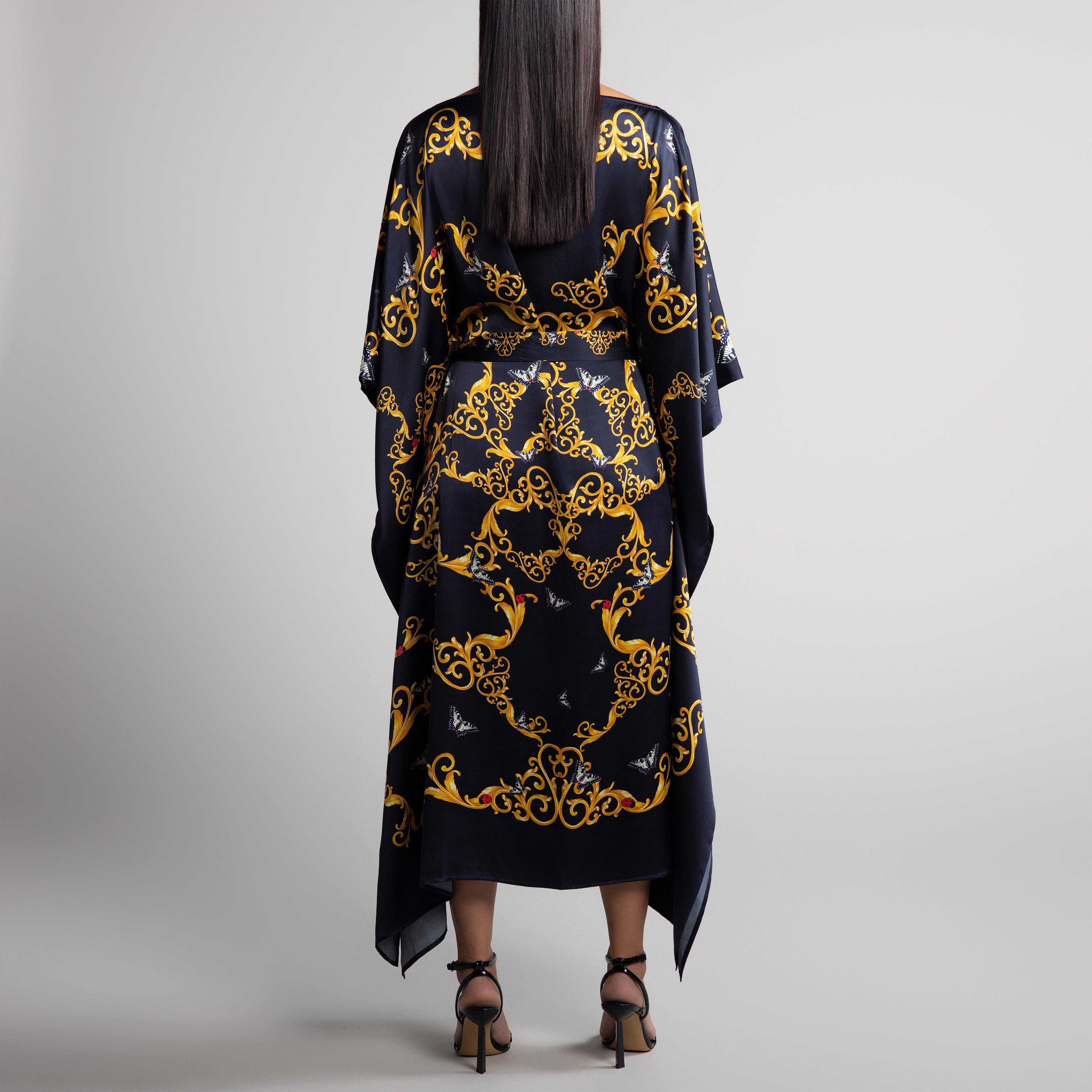 Baroque & Butterfly Silk Caftan in Black