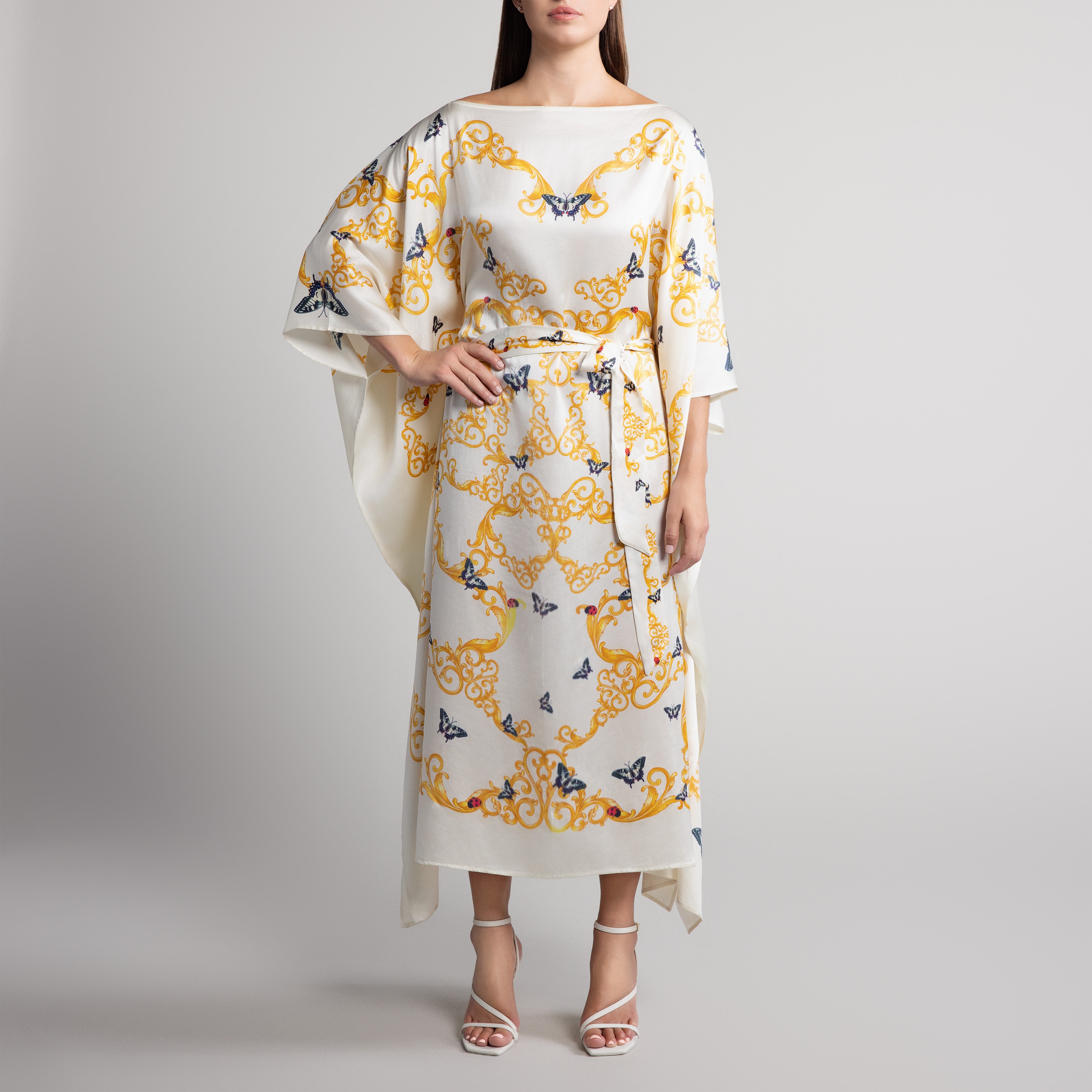 Baroque & Butterfly Silk Caftan in Cream