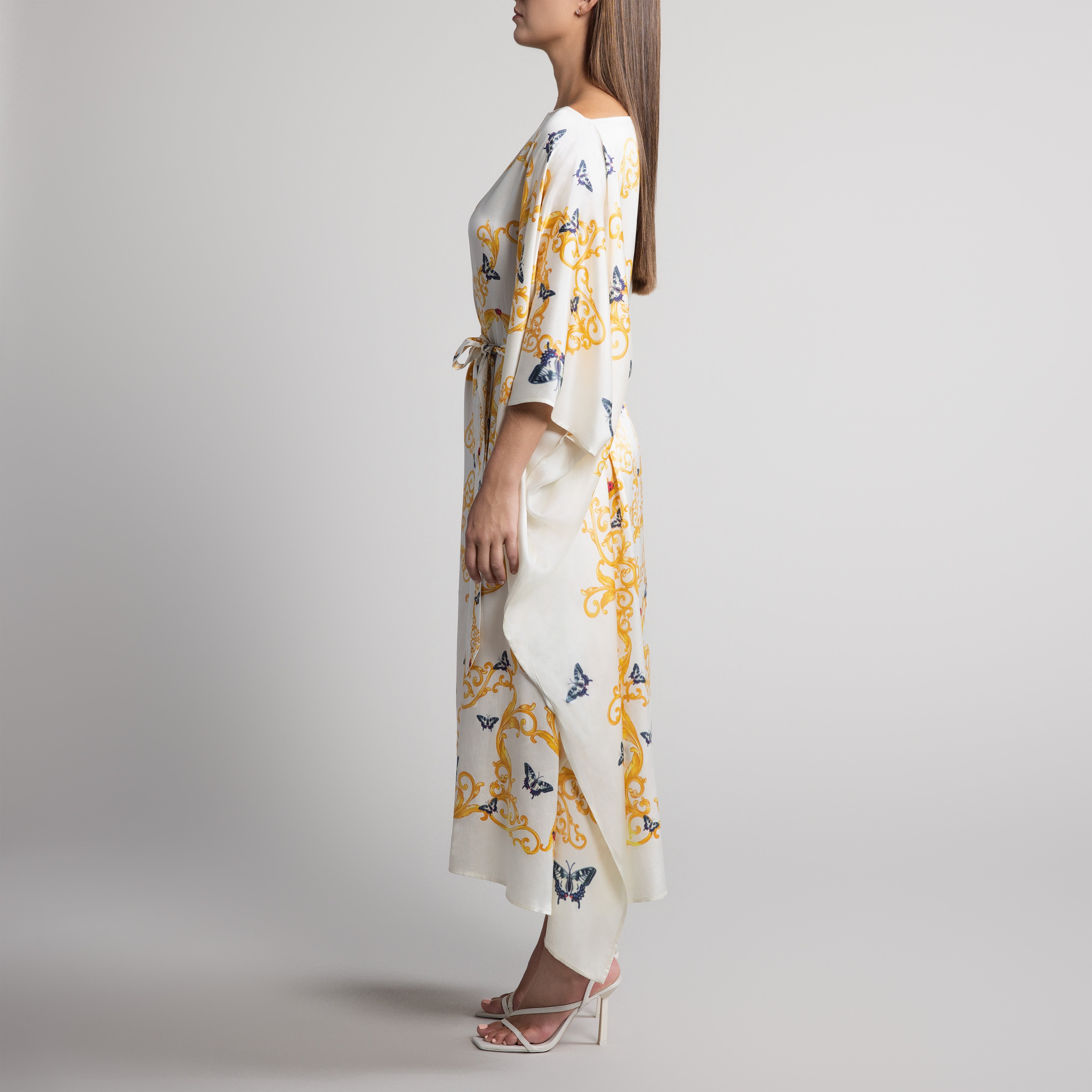 Baroque & Butterfly Silk Caftan in Cream