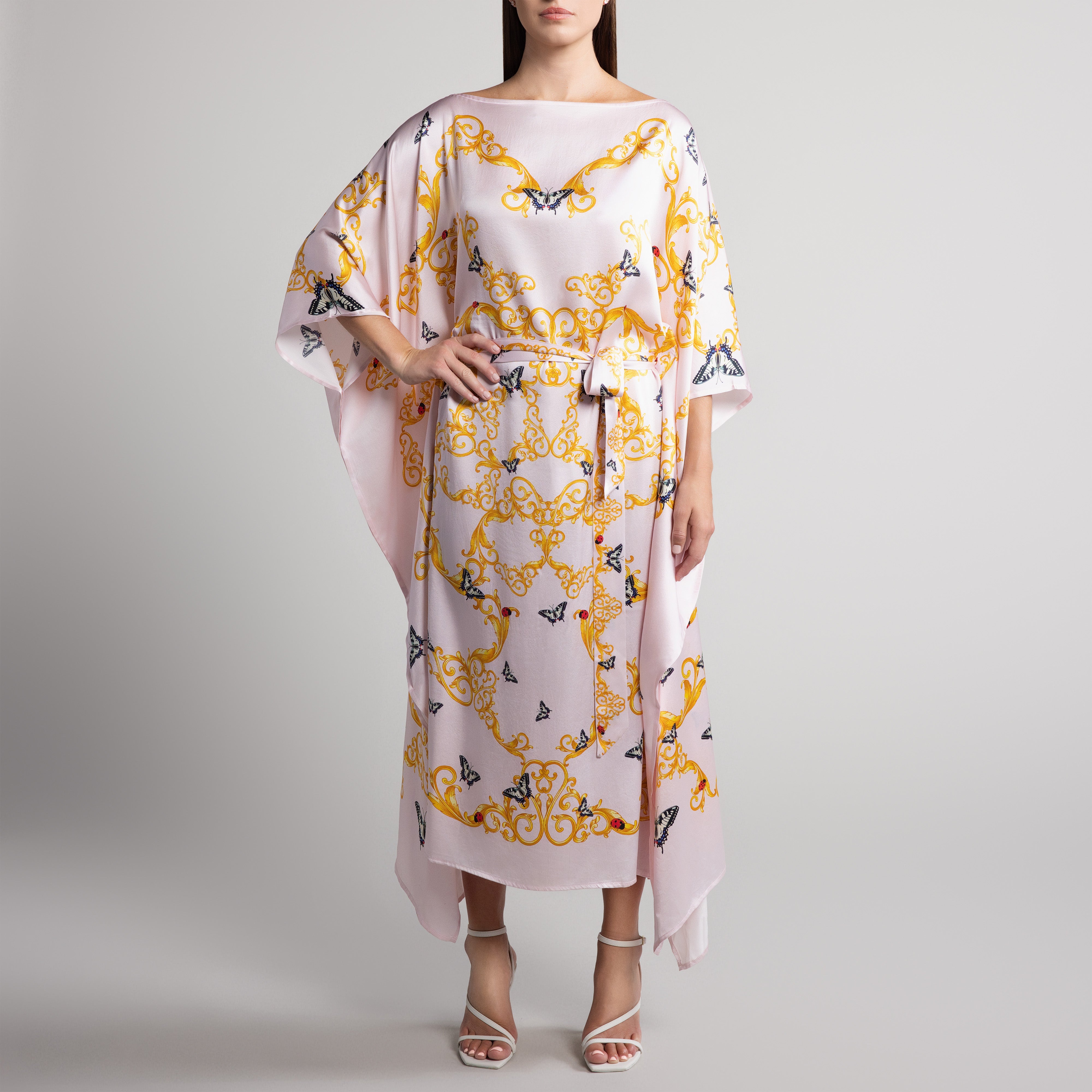 Baroque & Butterfly Silk Caftan in Pale Pink