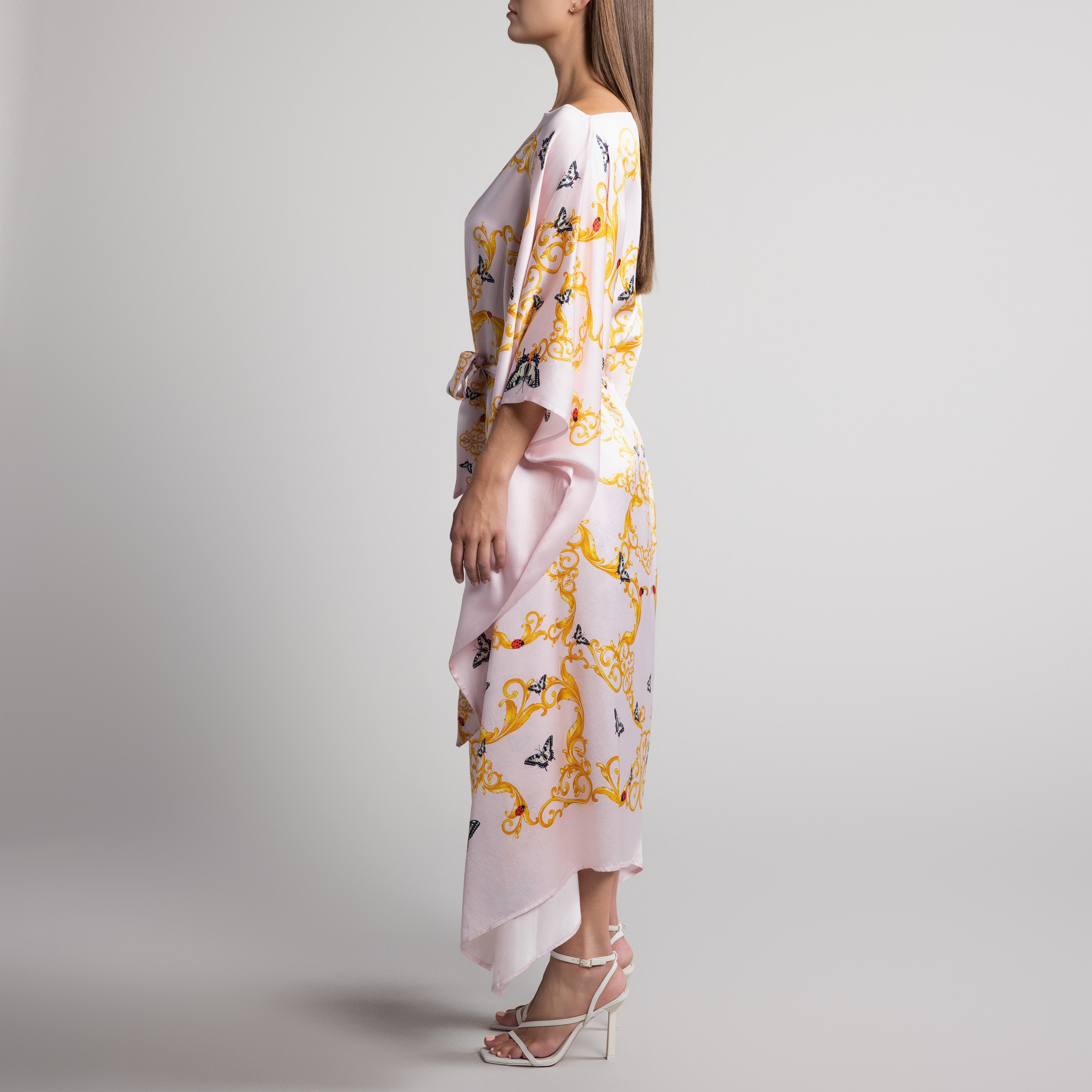 Baroque & Butterfly Silk Caftan in Pale Pink