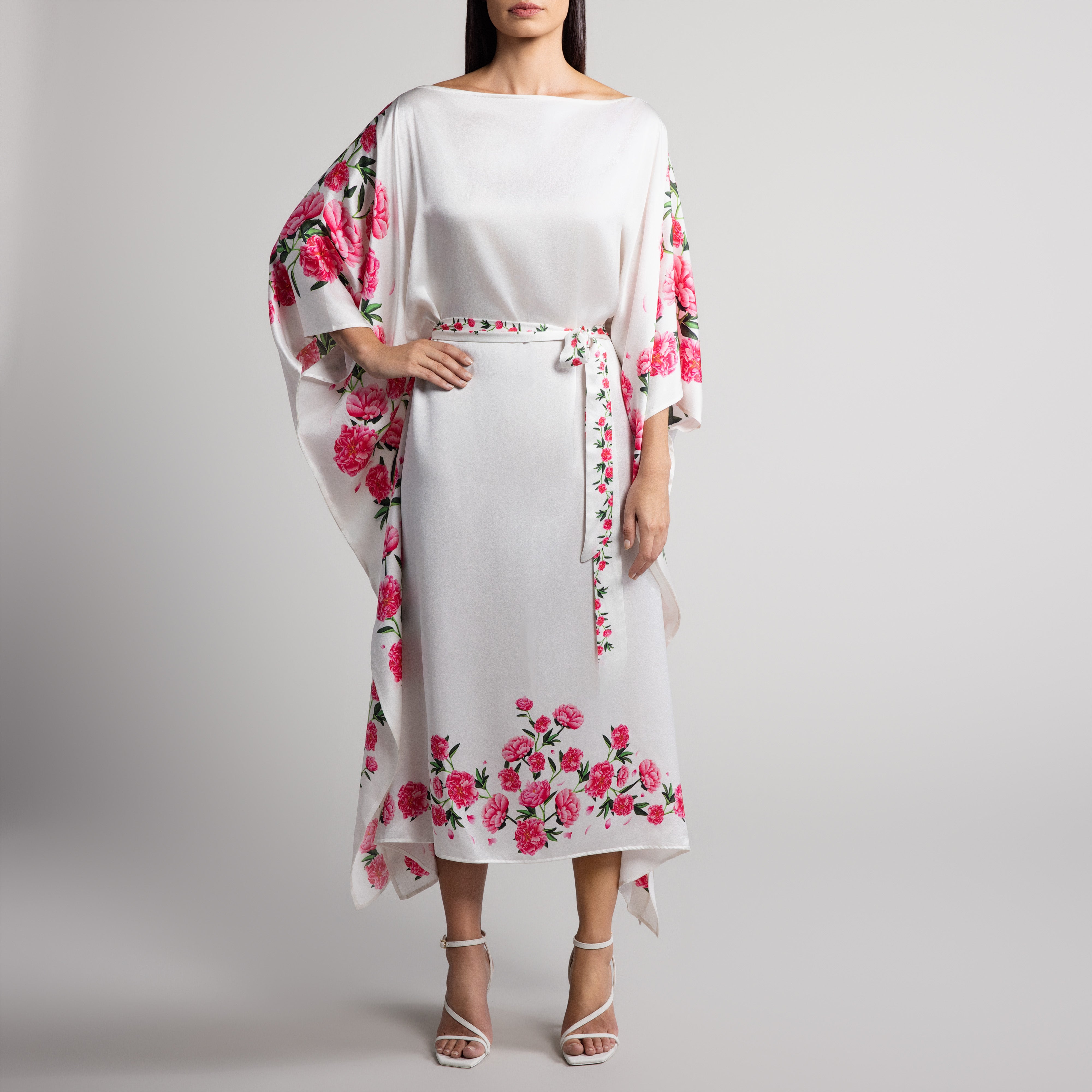 Peony Silk Caftan in White