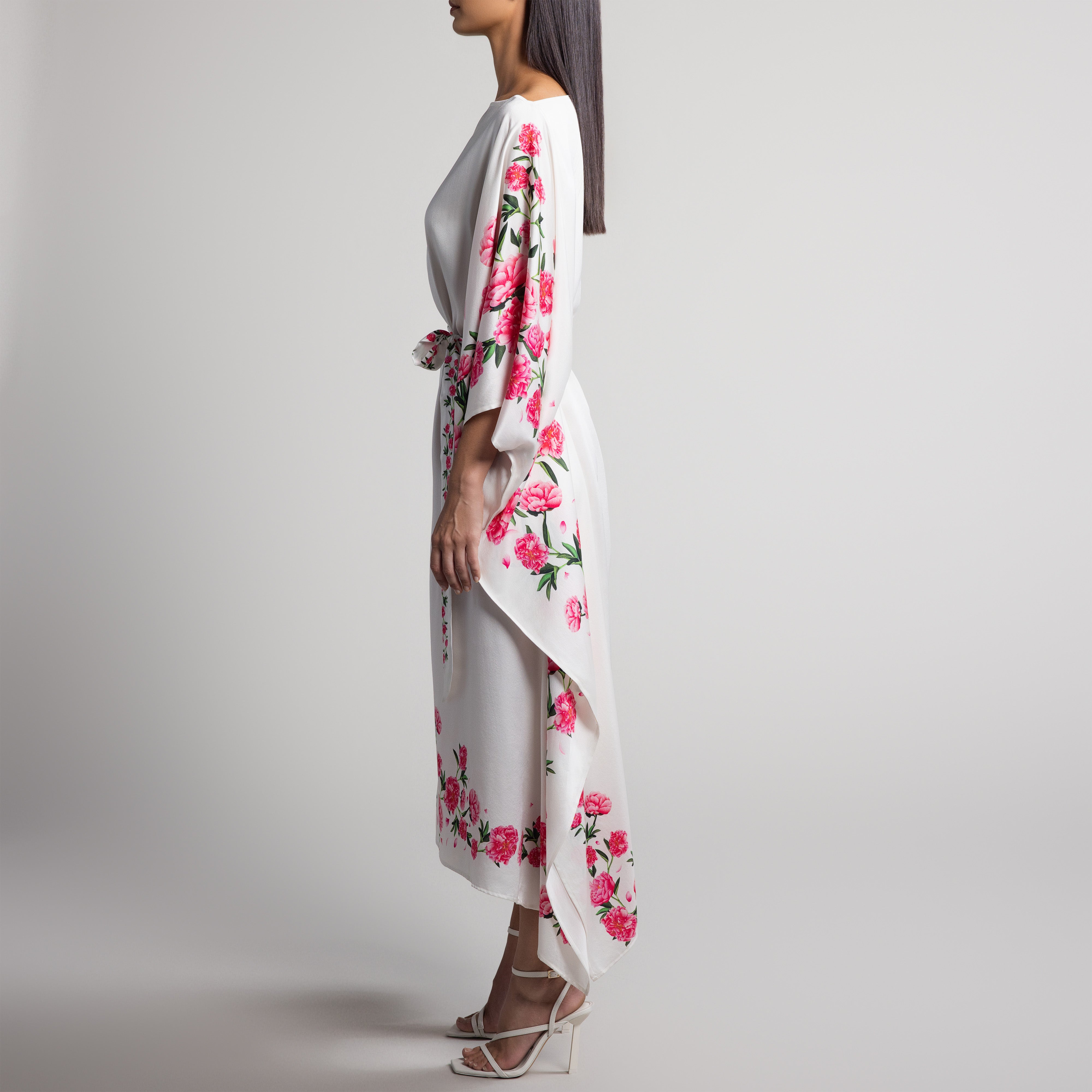 Peony Silk Caftan in White