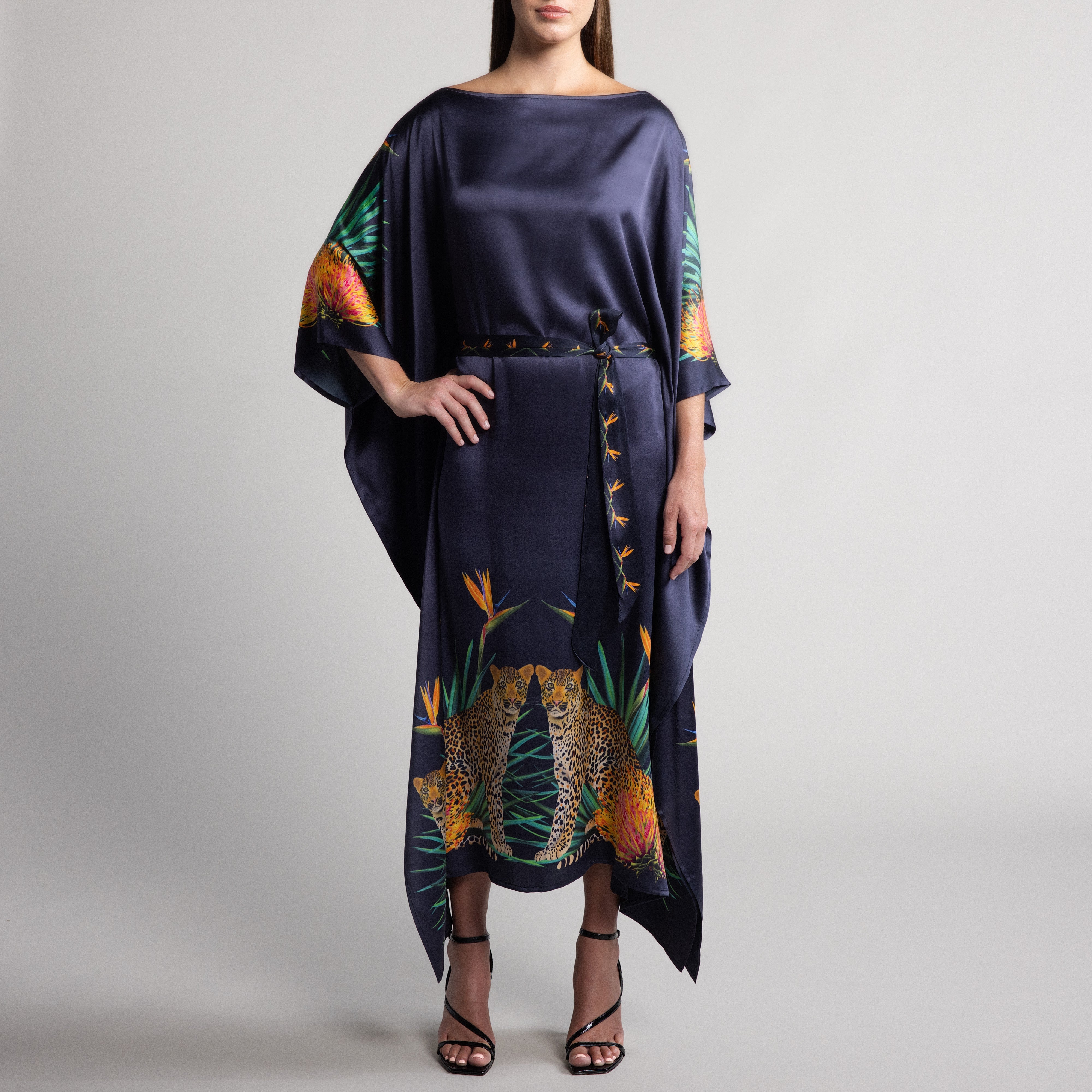 Safari Leopard Silk Caftan in Black