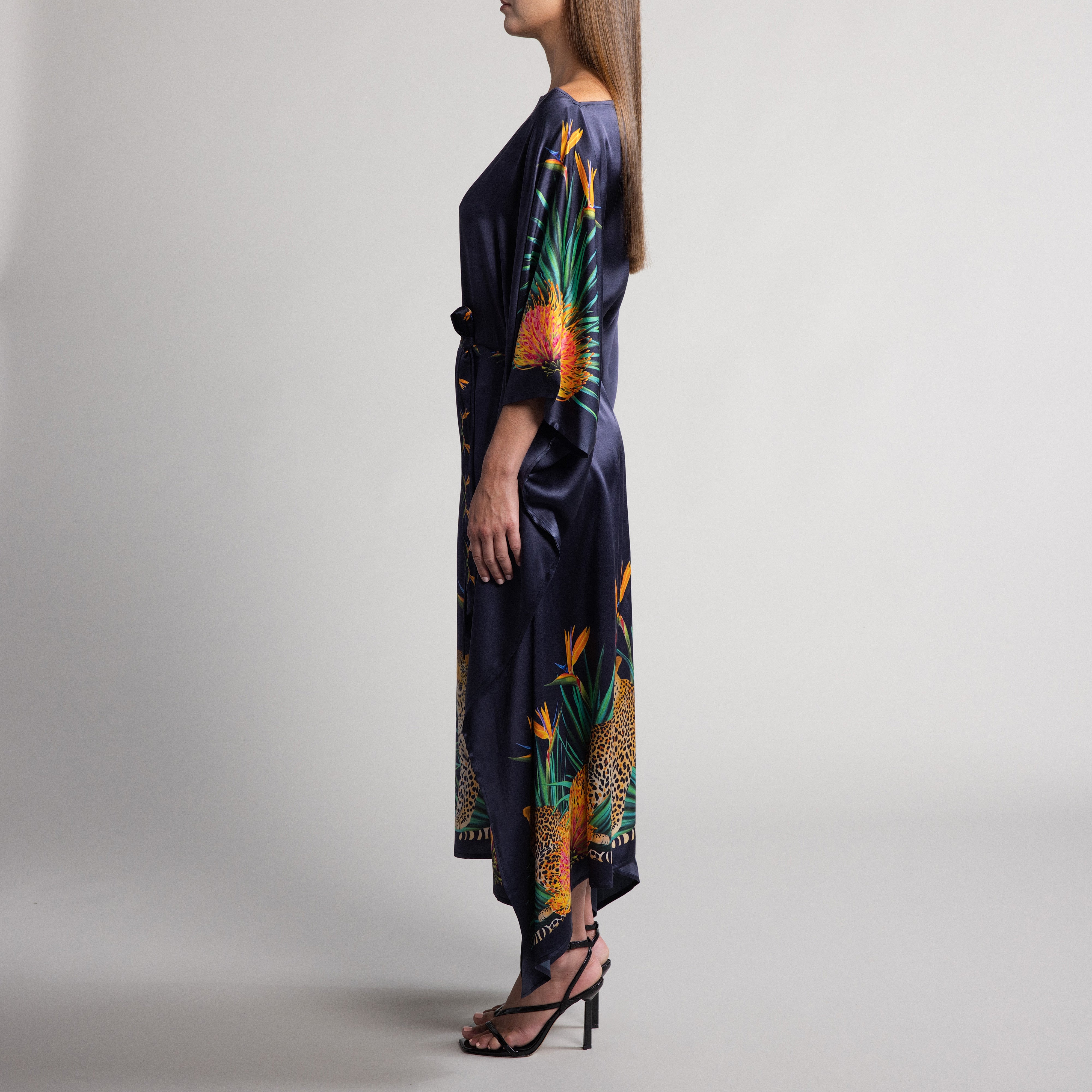 Safari Leopard Silk Caftan in Black