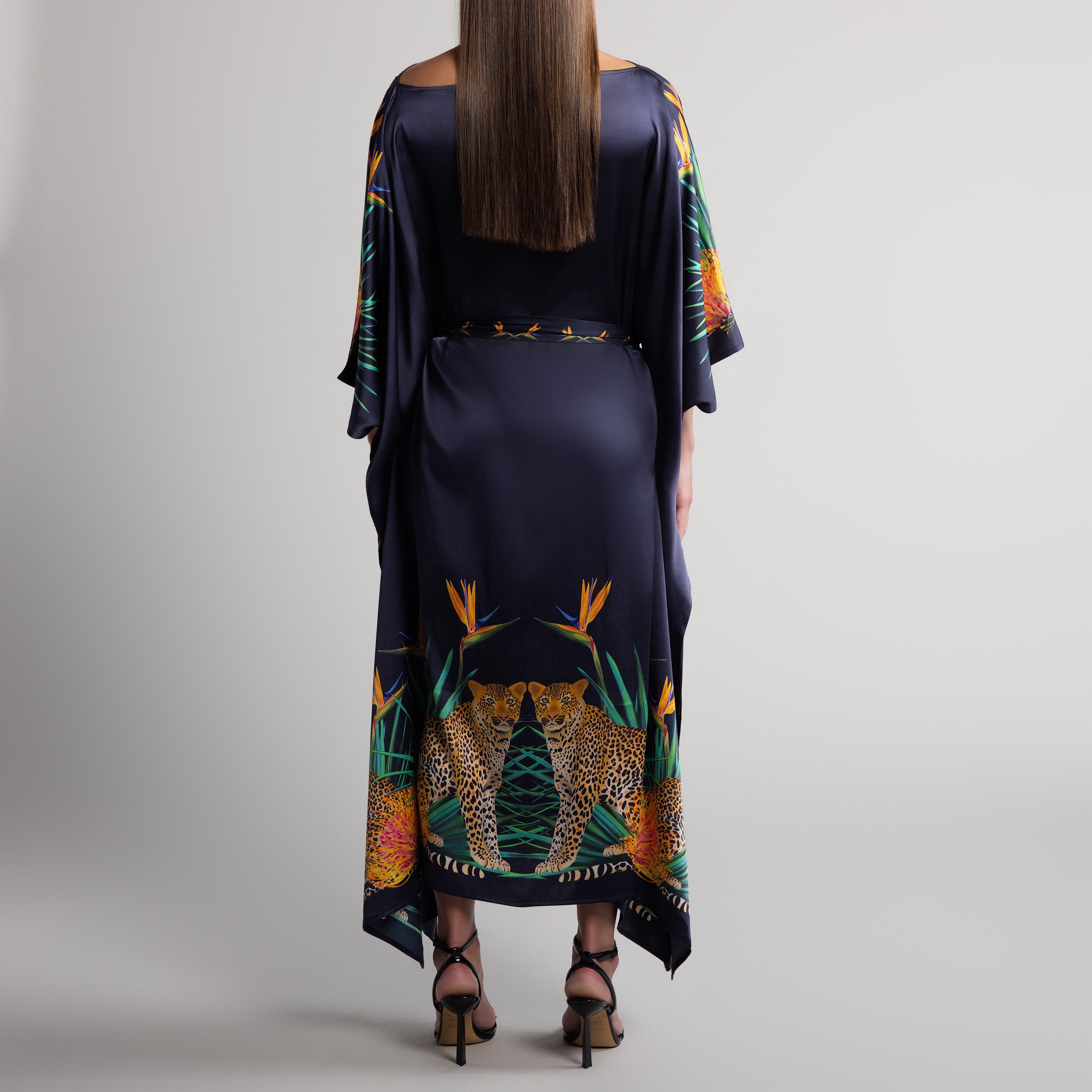 Safari Leopard Silk Caftan in Black