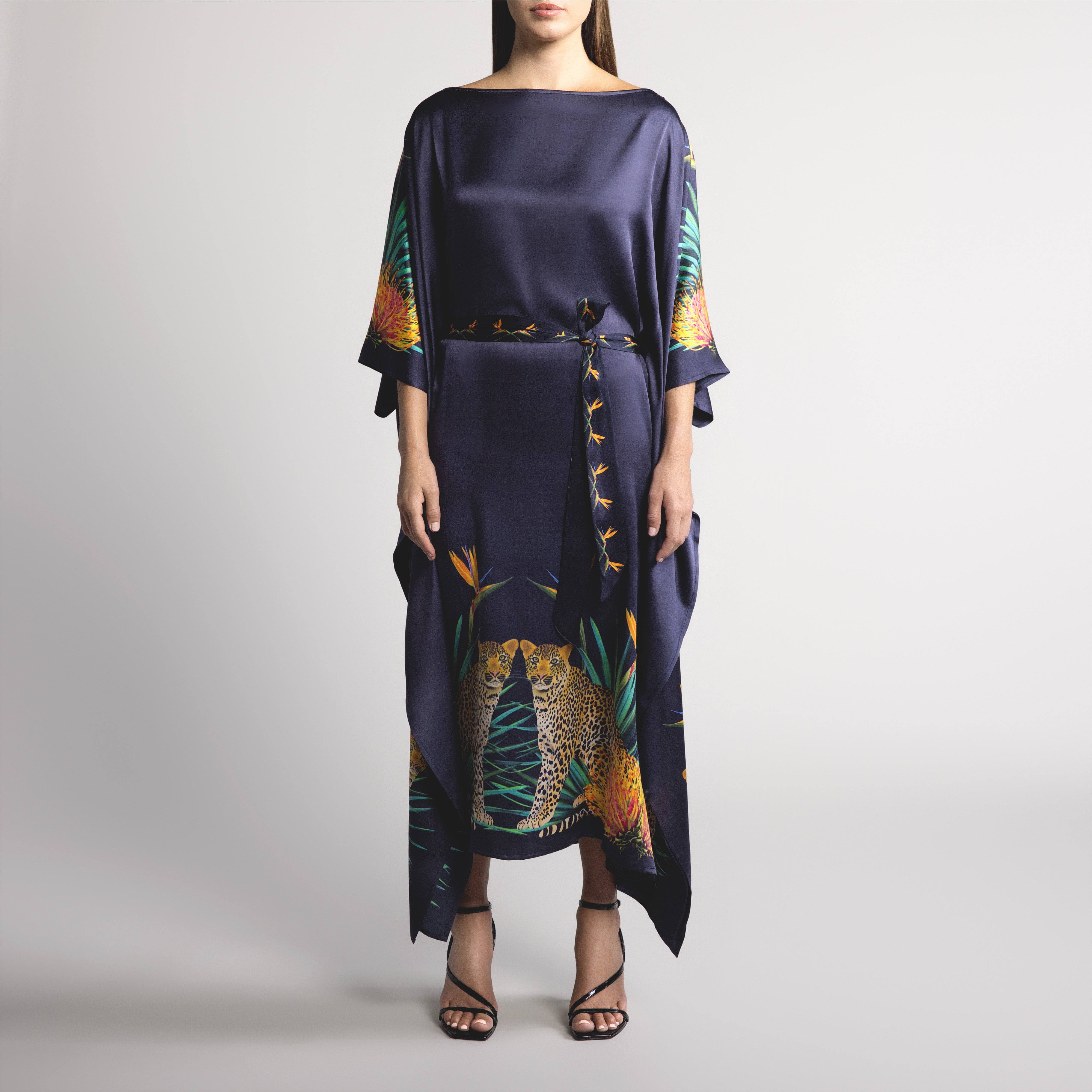 Safari Leopard Silk Caftan in Black
