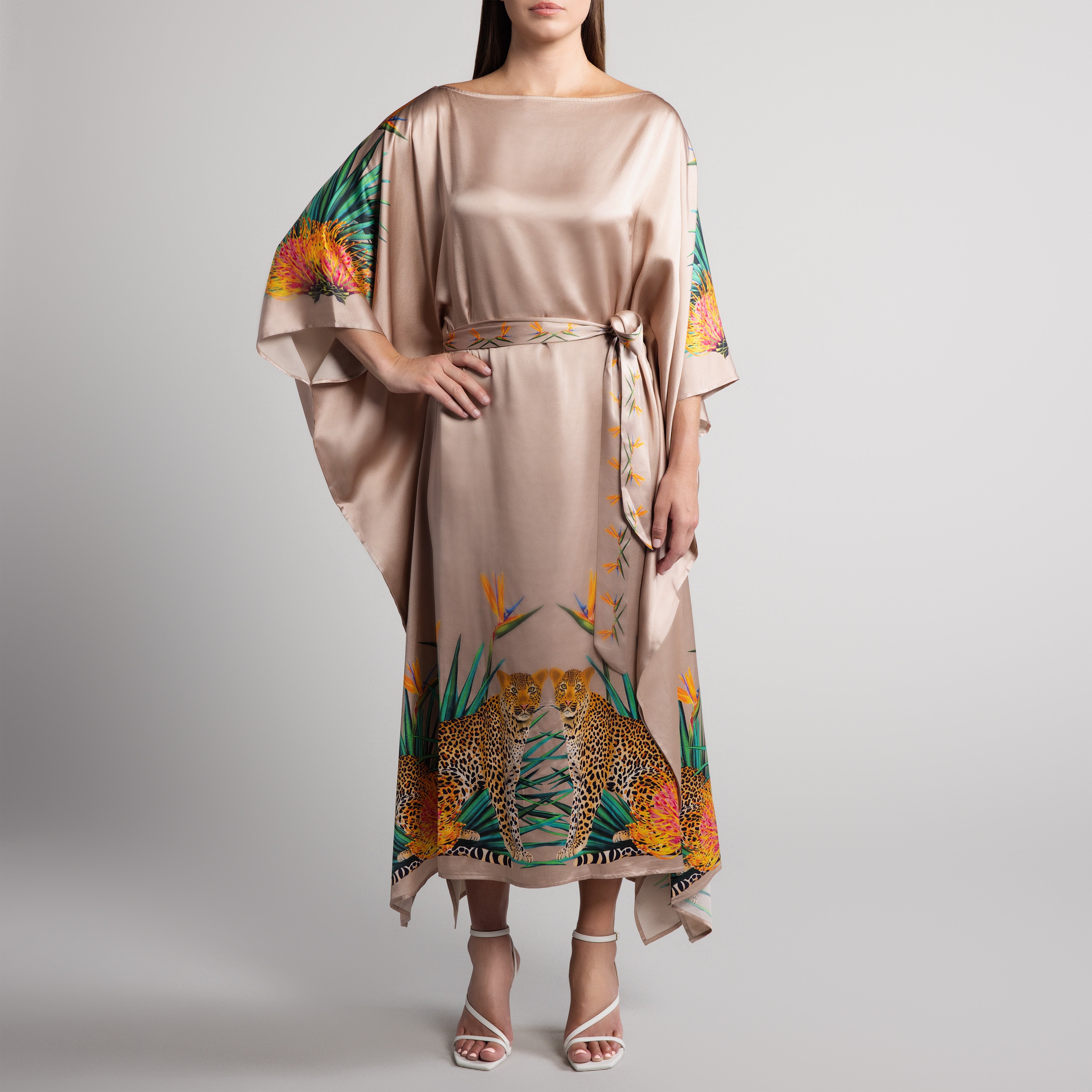 Safari Leopard Silk Caftan in Nude