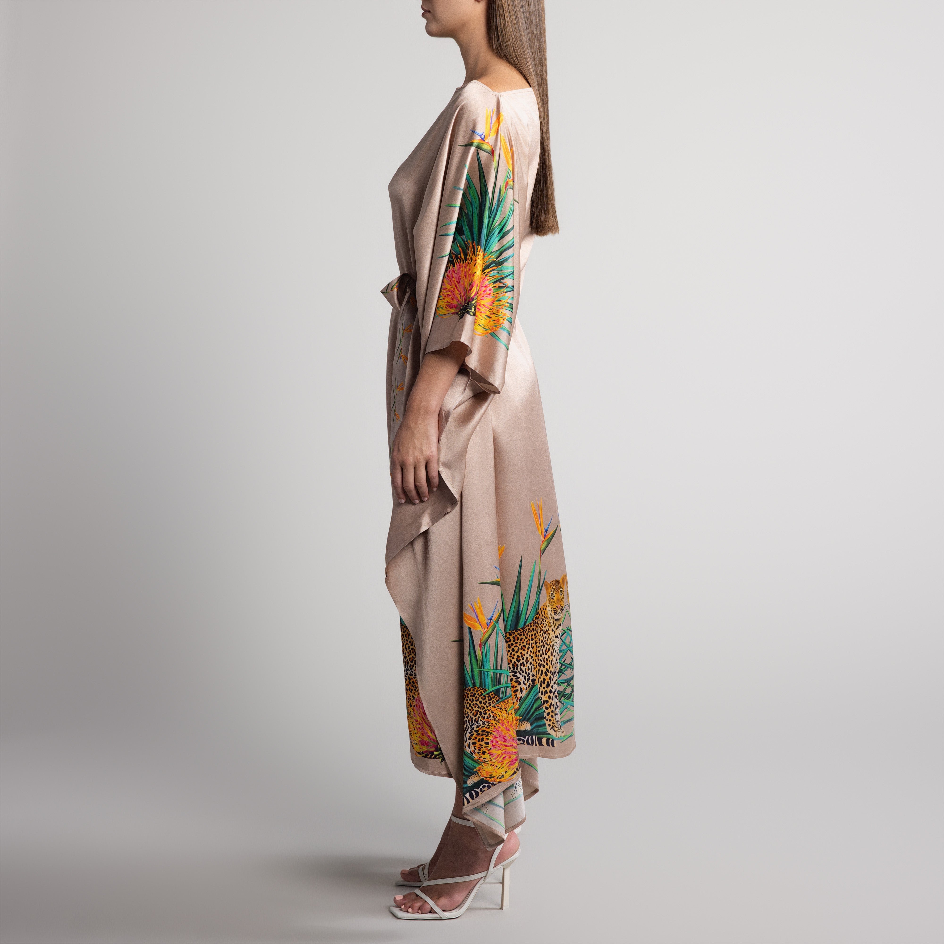 Safari Leopard Silk Caftan in Nude