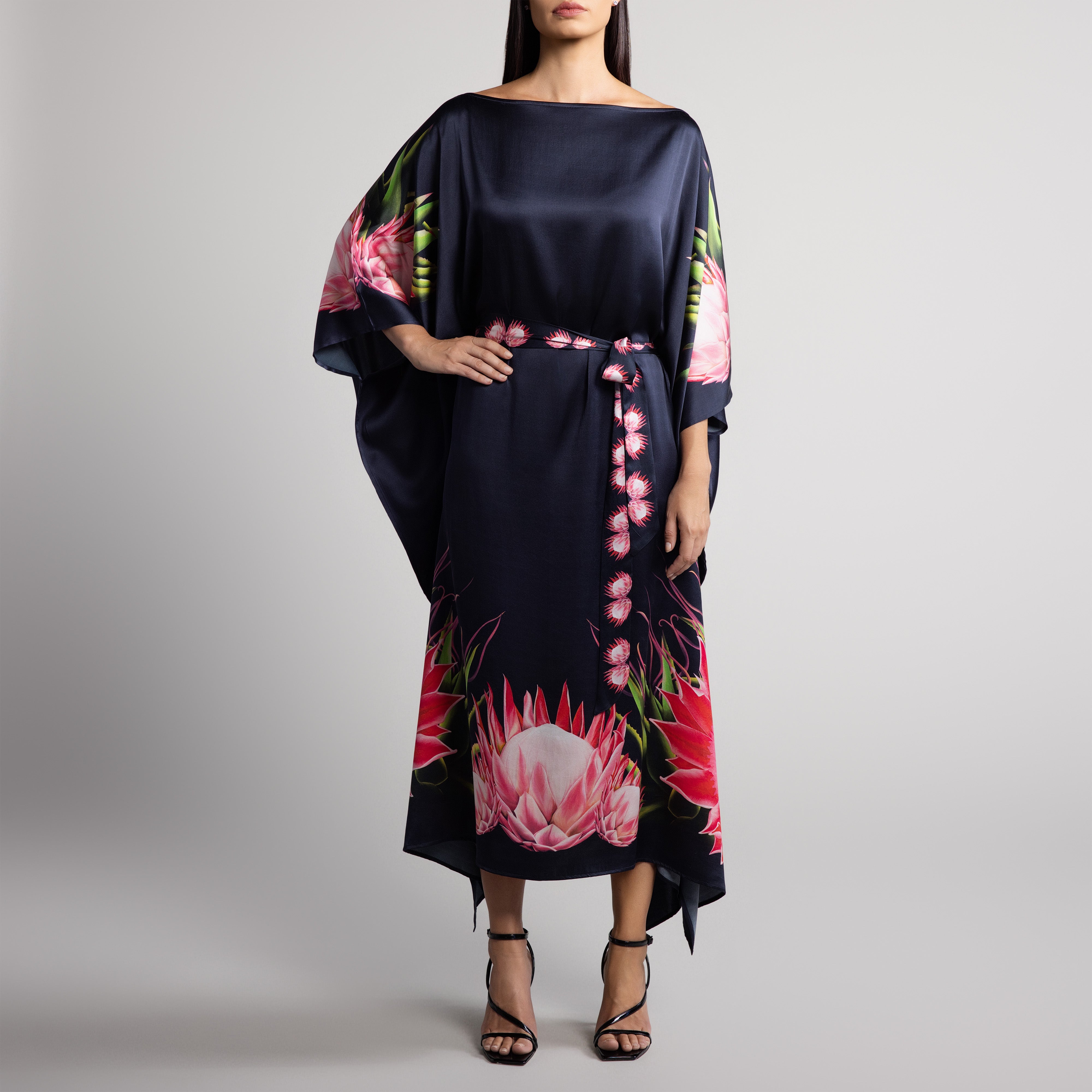 Safari Protea Silk Caftan in Black