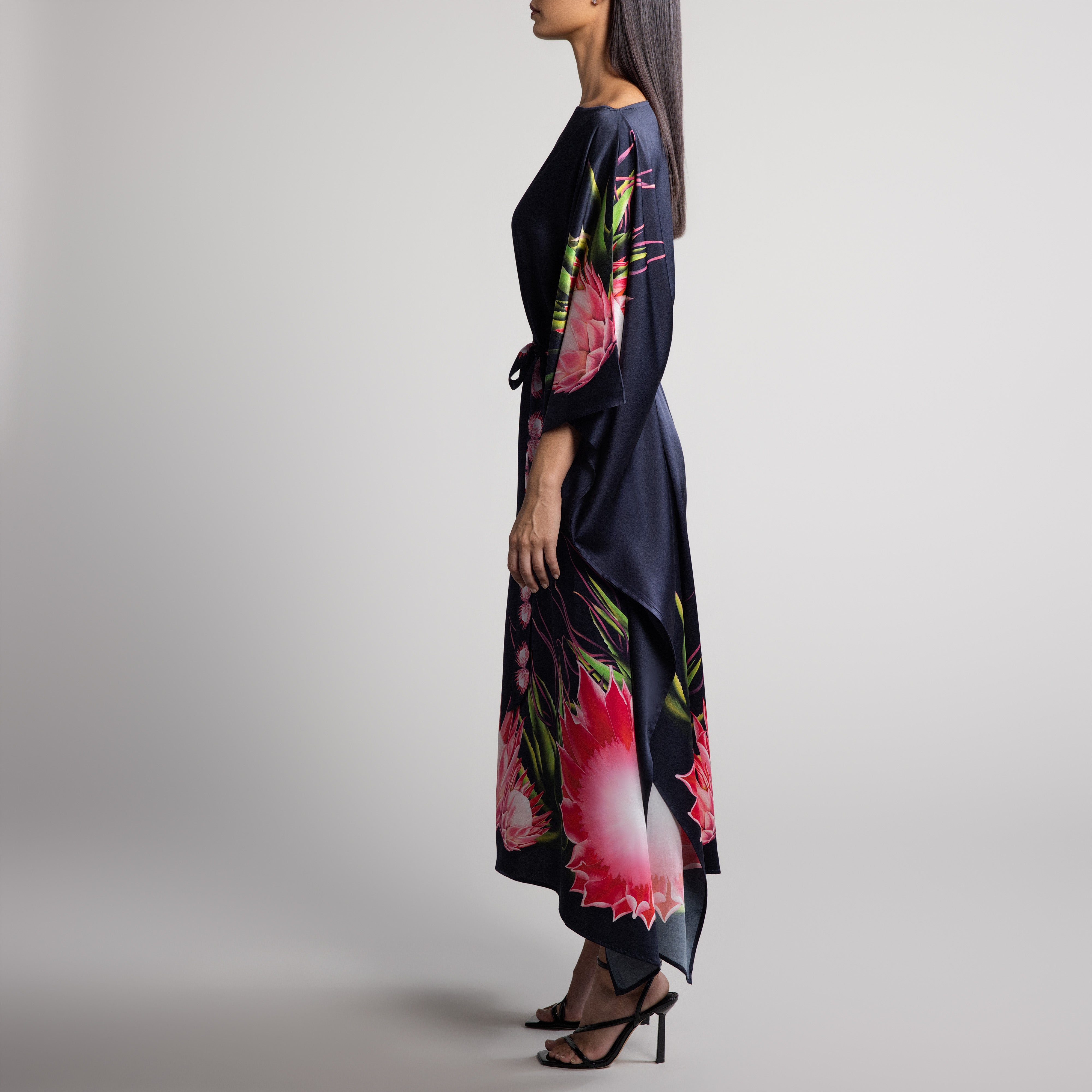 Safari Protea Silk Caftan in Black