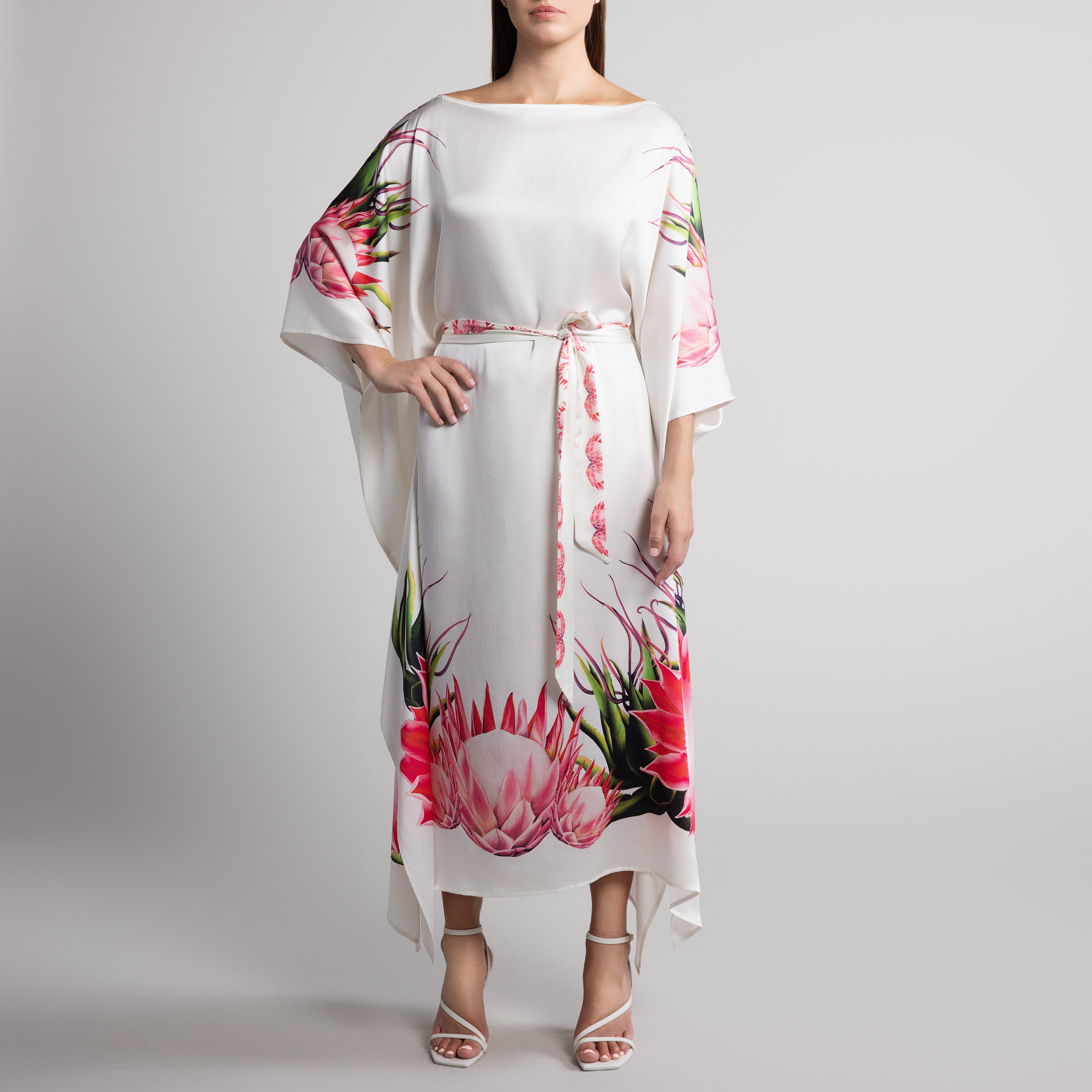 Safari Protea Silk Caftan in Cream