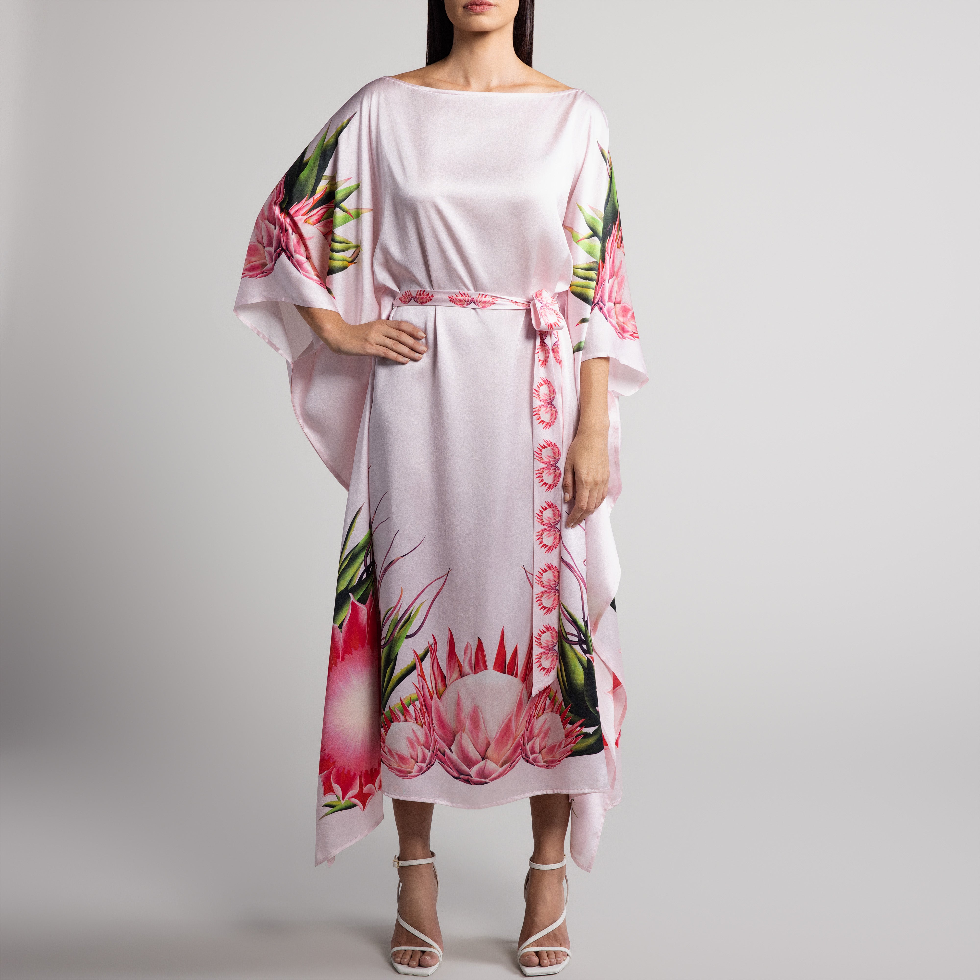 Safari Protea Silk Caftan in Pale Pink
