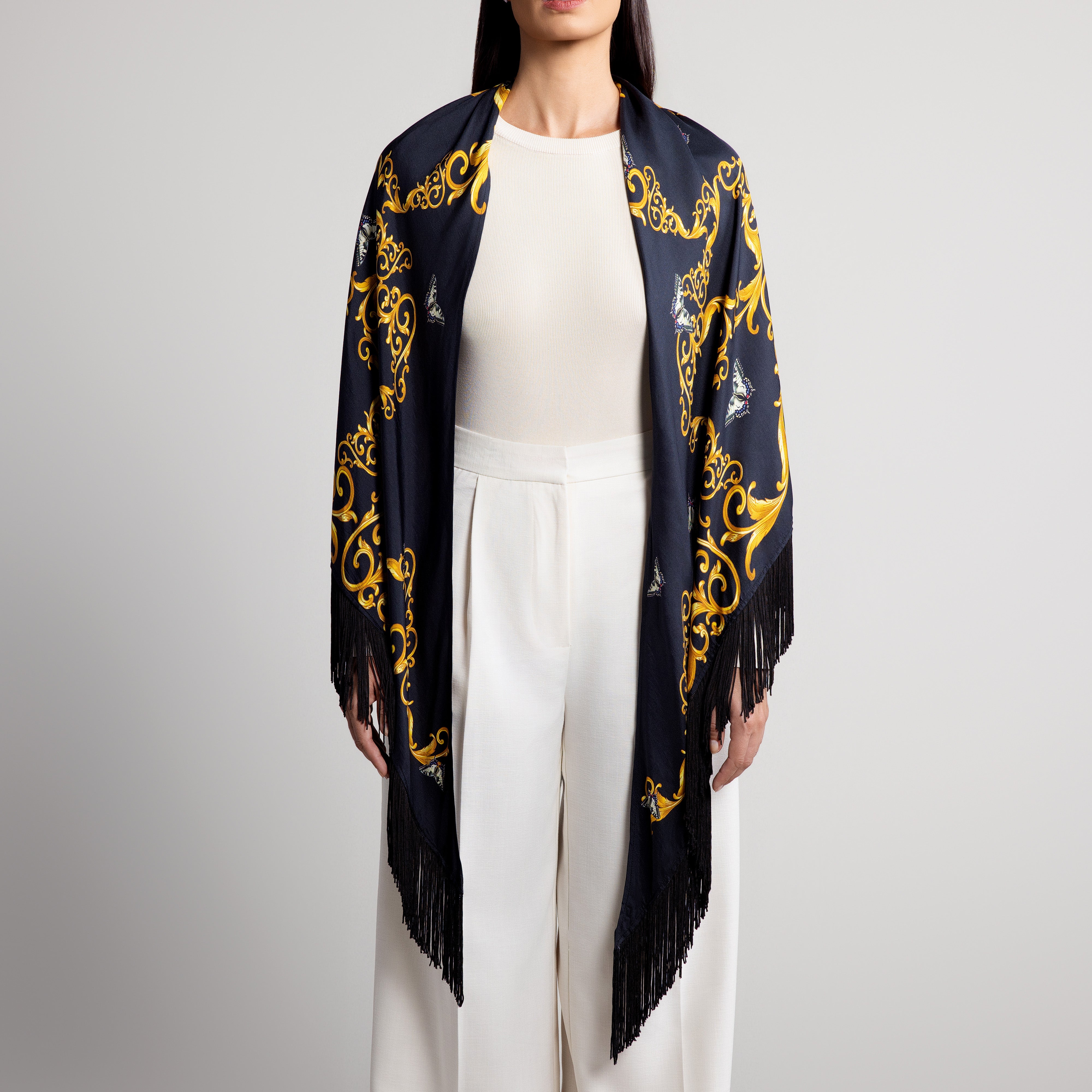 Baroque & Butterfly Silk Shawl in Black