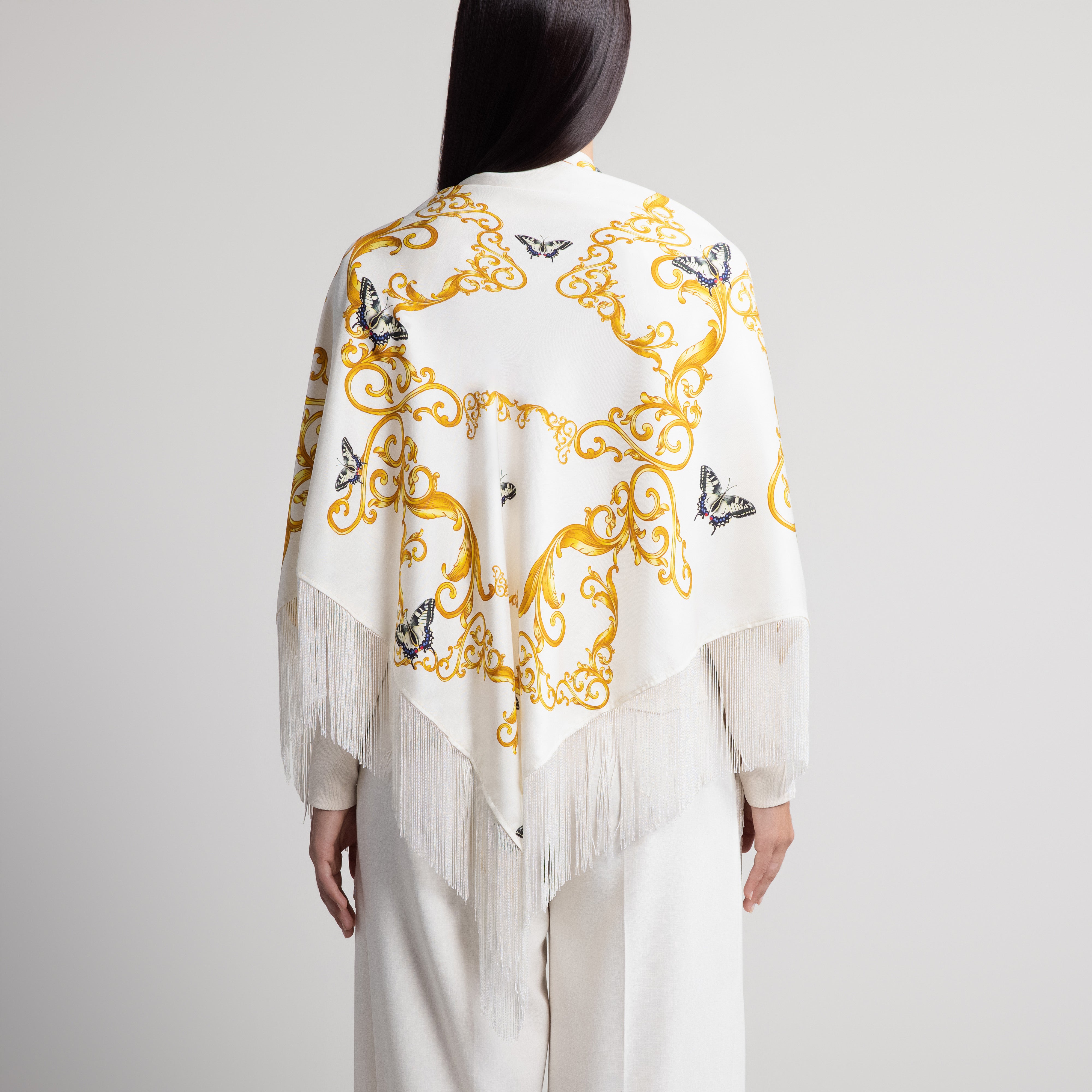 Baroque & Butterfly Silk Shawl in White