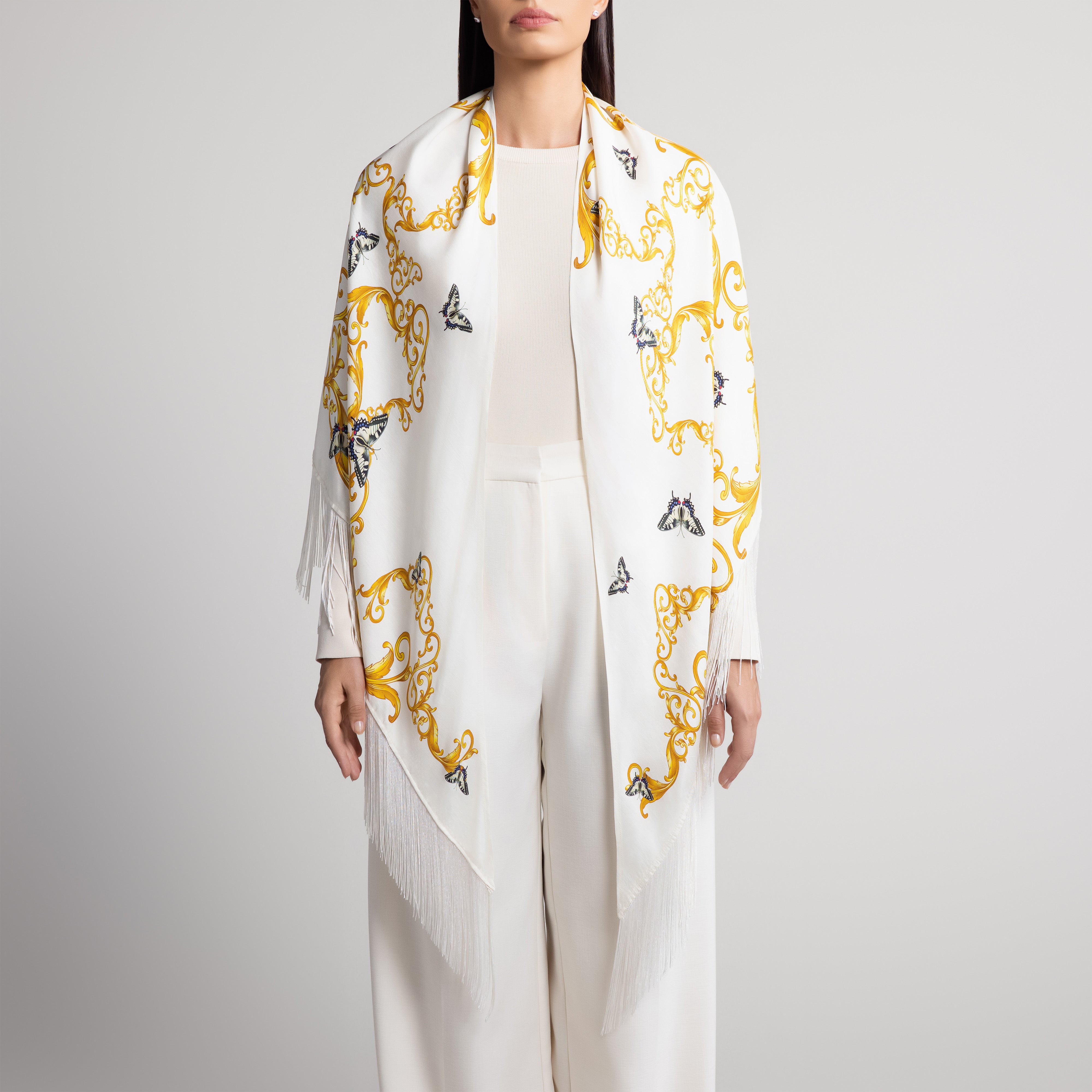 Baroque & Butterfly Silk Shawl in White