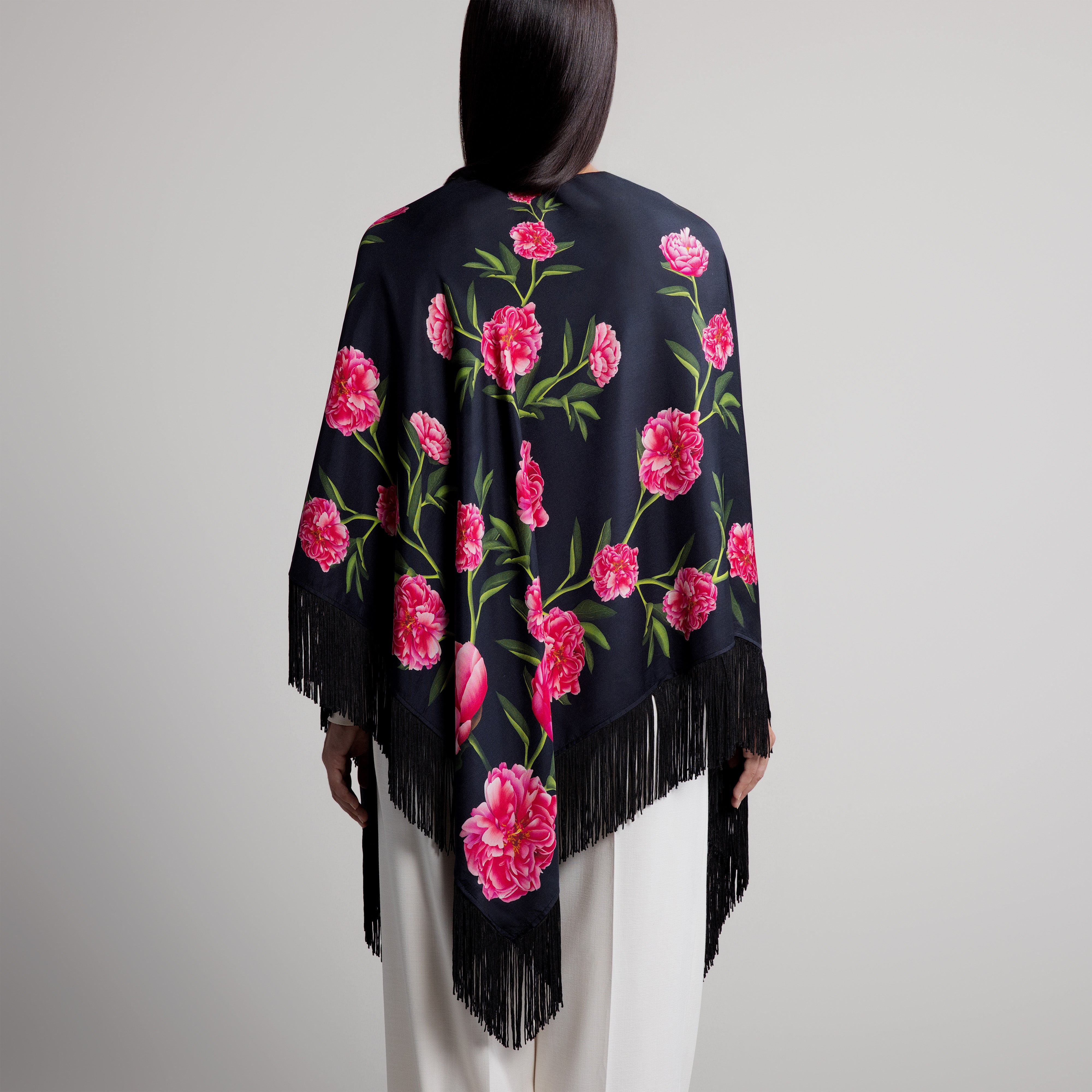 Peony Silk Shawl in Black