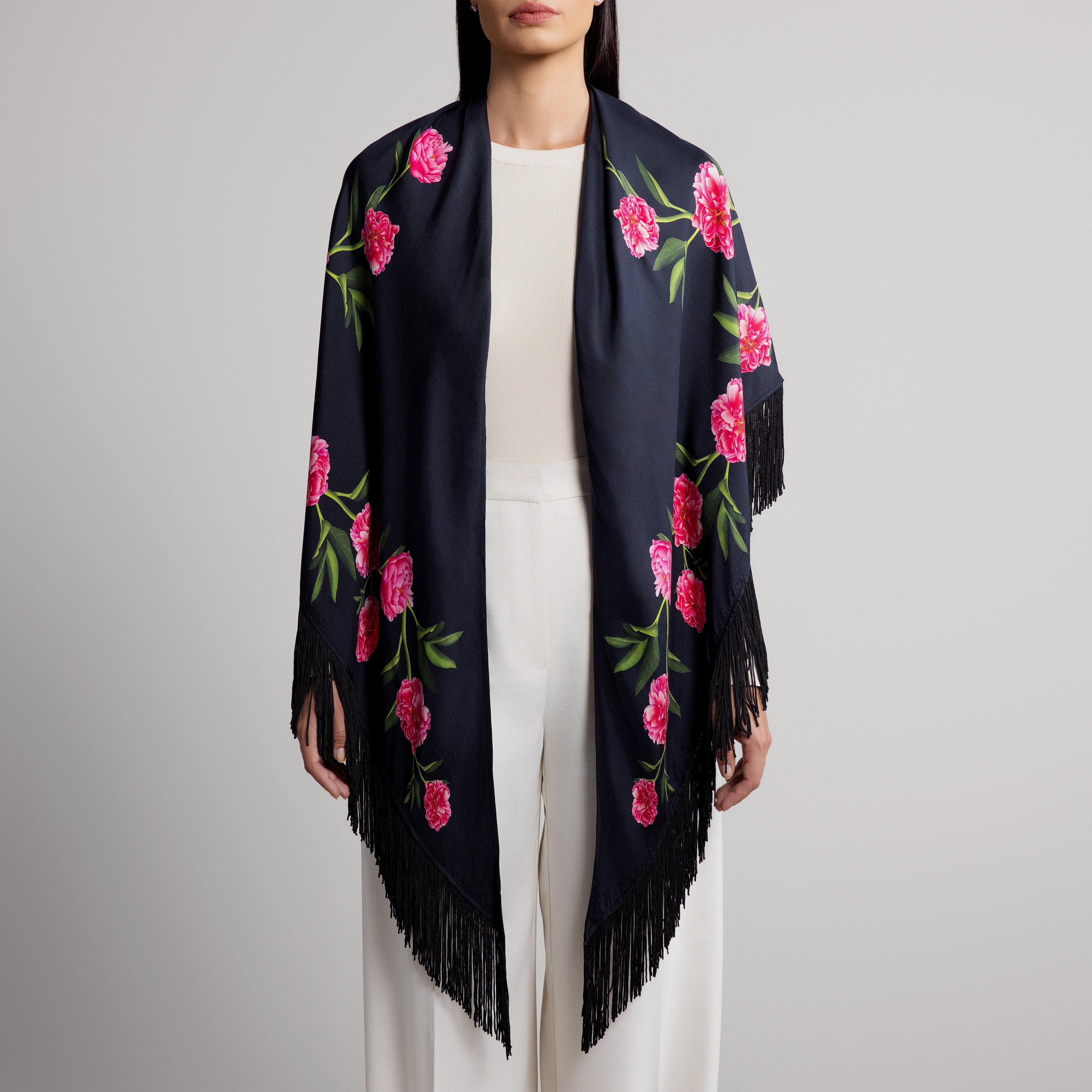 Peony Silk Shawl in Black