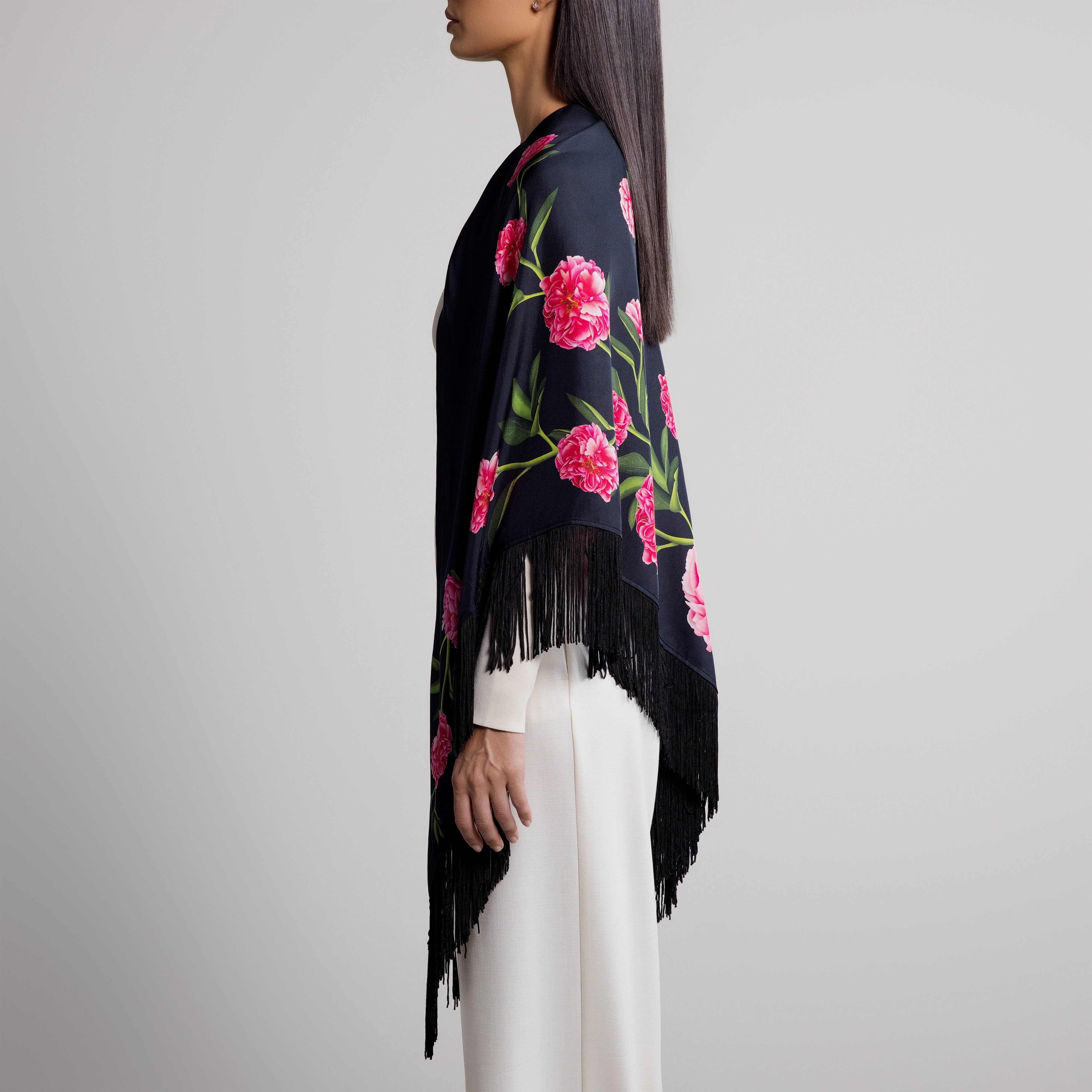 Peony Silk Shawl in Black