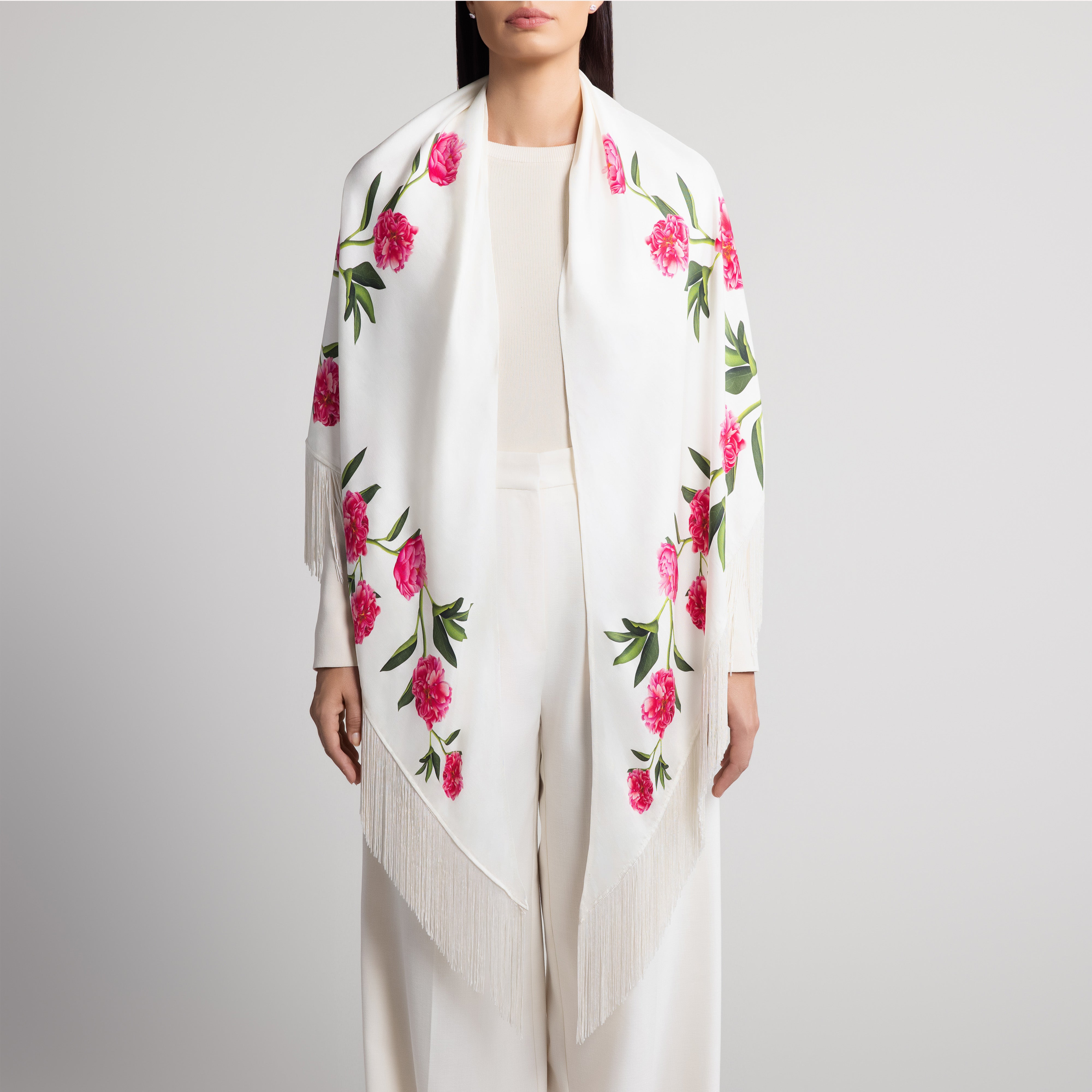 Peony Silk Shawl in White
