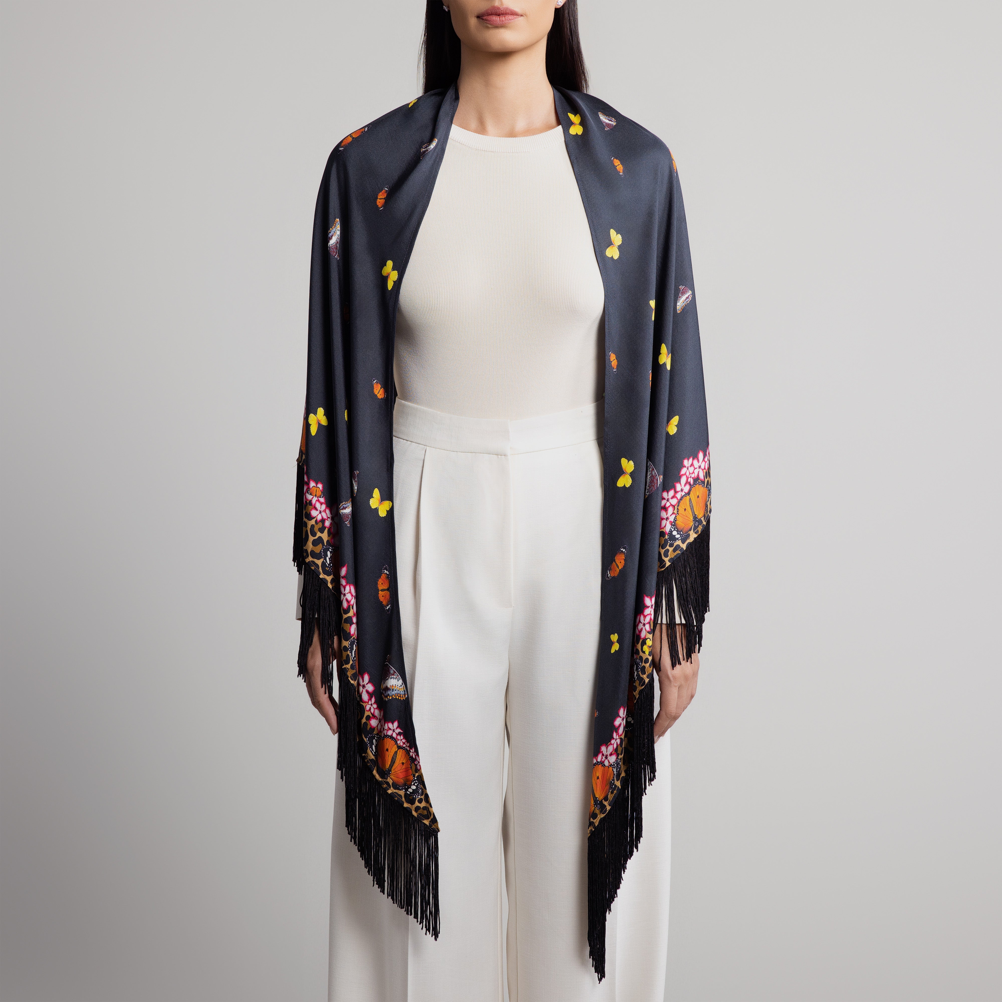 Safari Leopard & Butterly Silk Shawl in Black