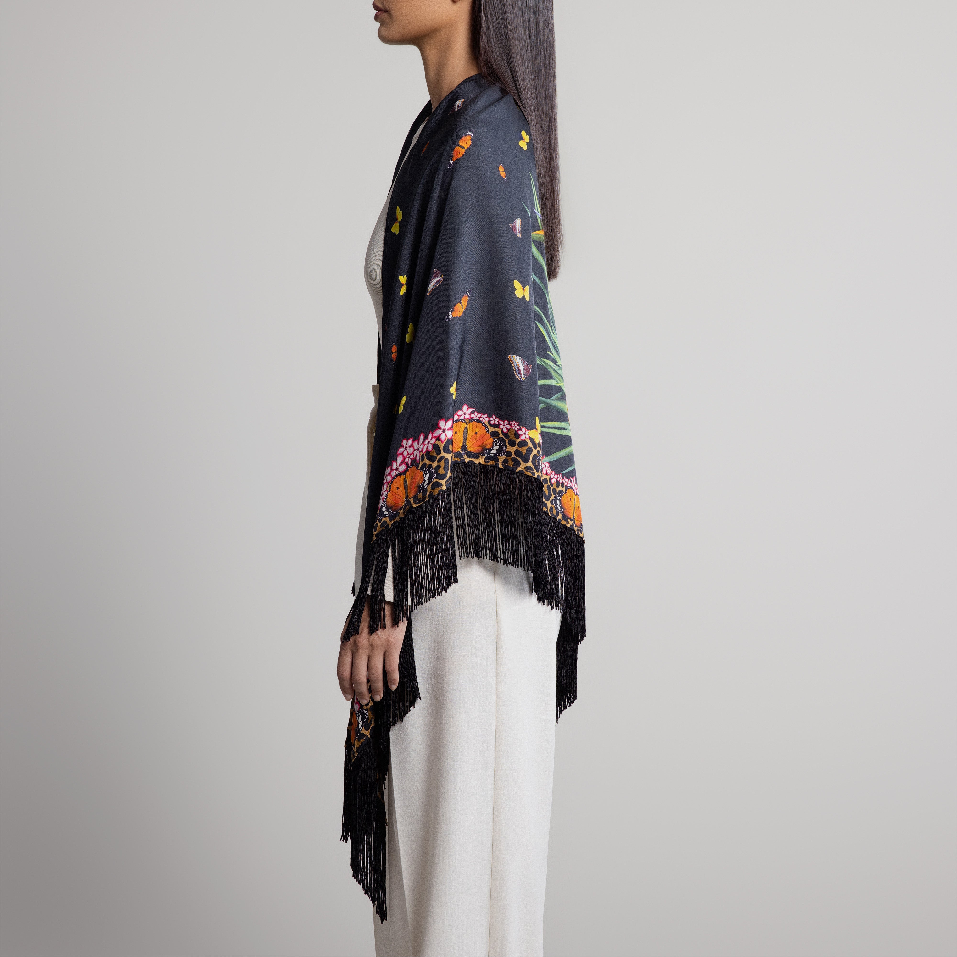 Safari Leopard & Butterly Silk Shawl in Black